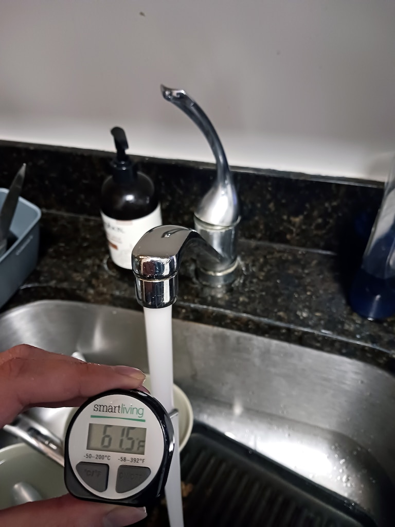 A resident at The Essential used a thermometer to test the water amid the weekslong hot water system failure.