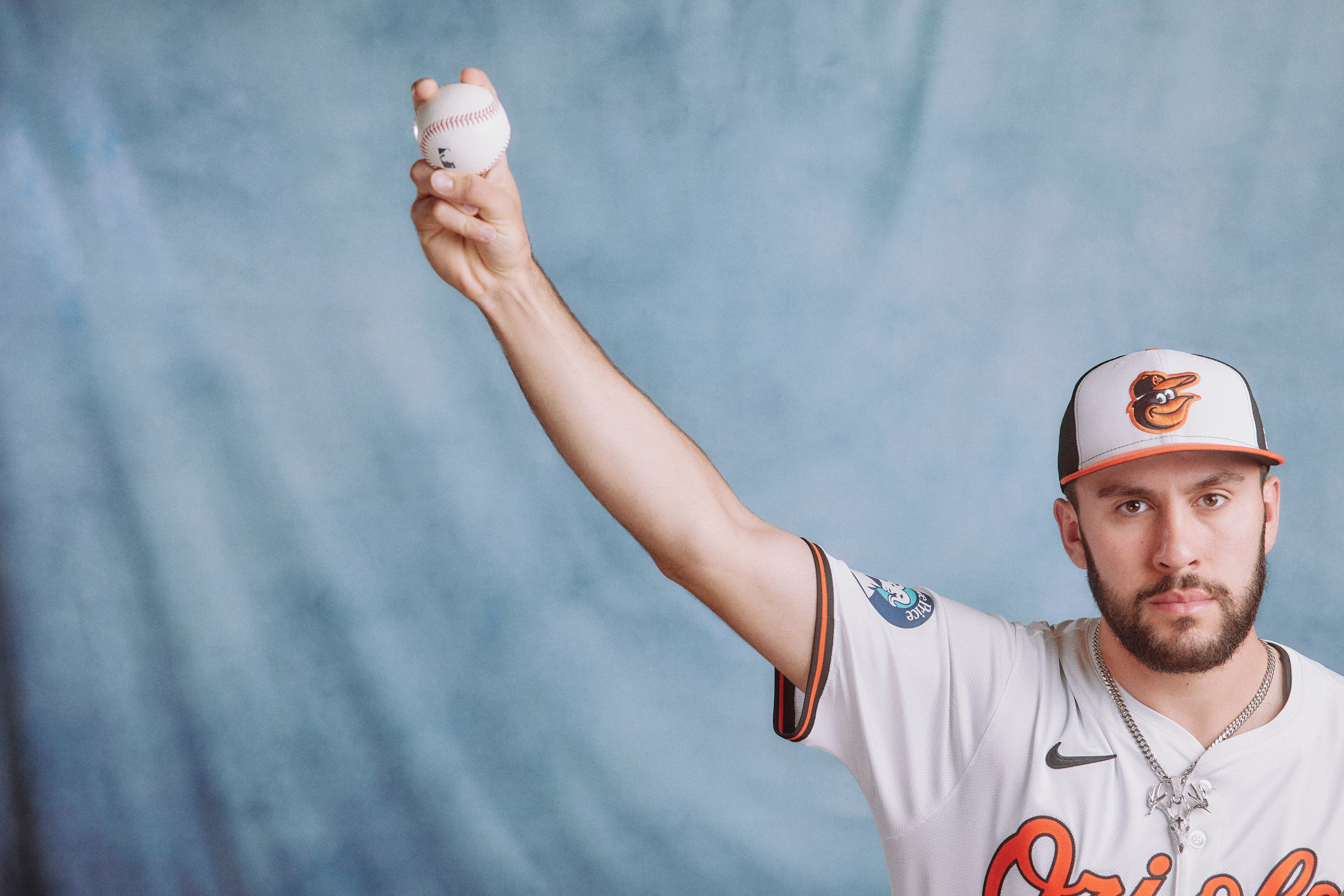 Pitcher Grayson Rodriguez photographed during the 2025 Baltimore Orioles Media Day at spring training.