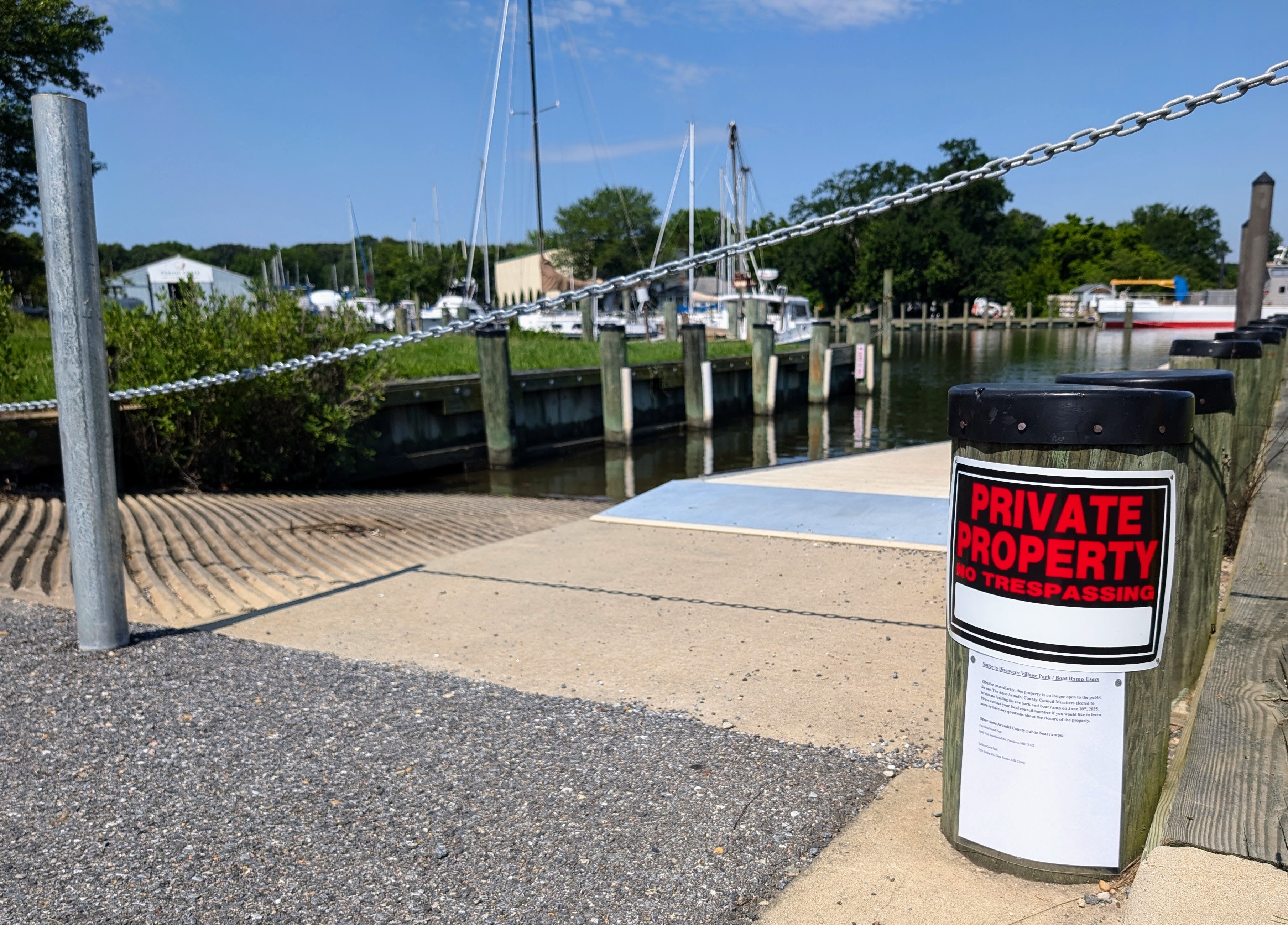 The public boat ramp at Discovery Village Park in Shady Side closed July 1, after the Anne Arundel County Council decided low use numbers made the lease a bad deal in a tight year.