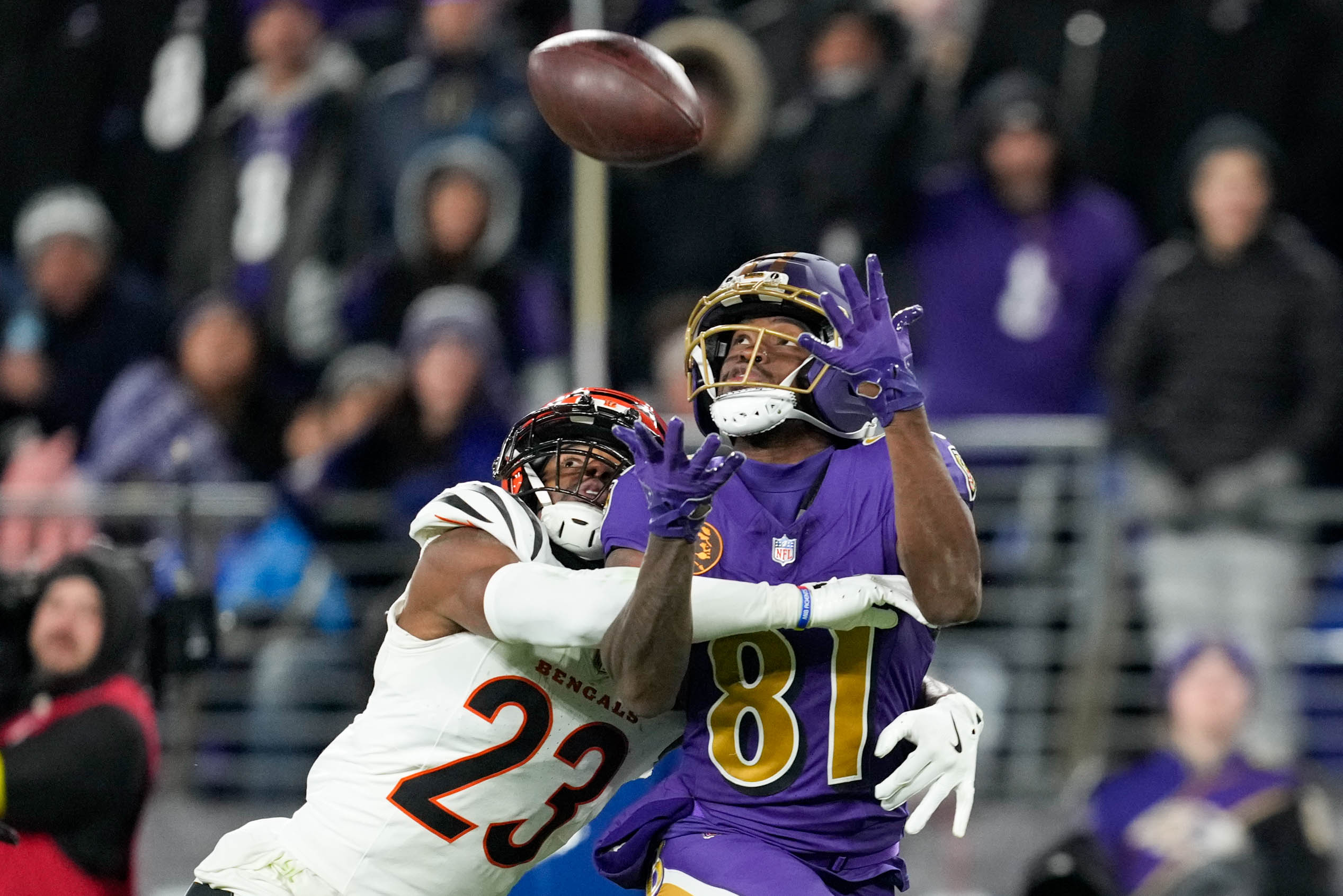 Ravens wide receiver Devontez Walker can’t hang on to a pass in tight coverage during the fourth quarter of Thursday night’s game.