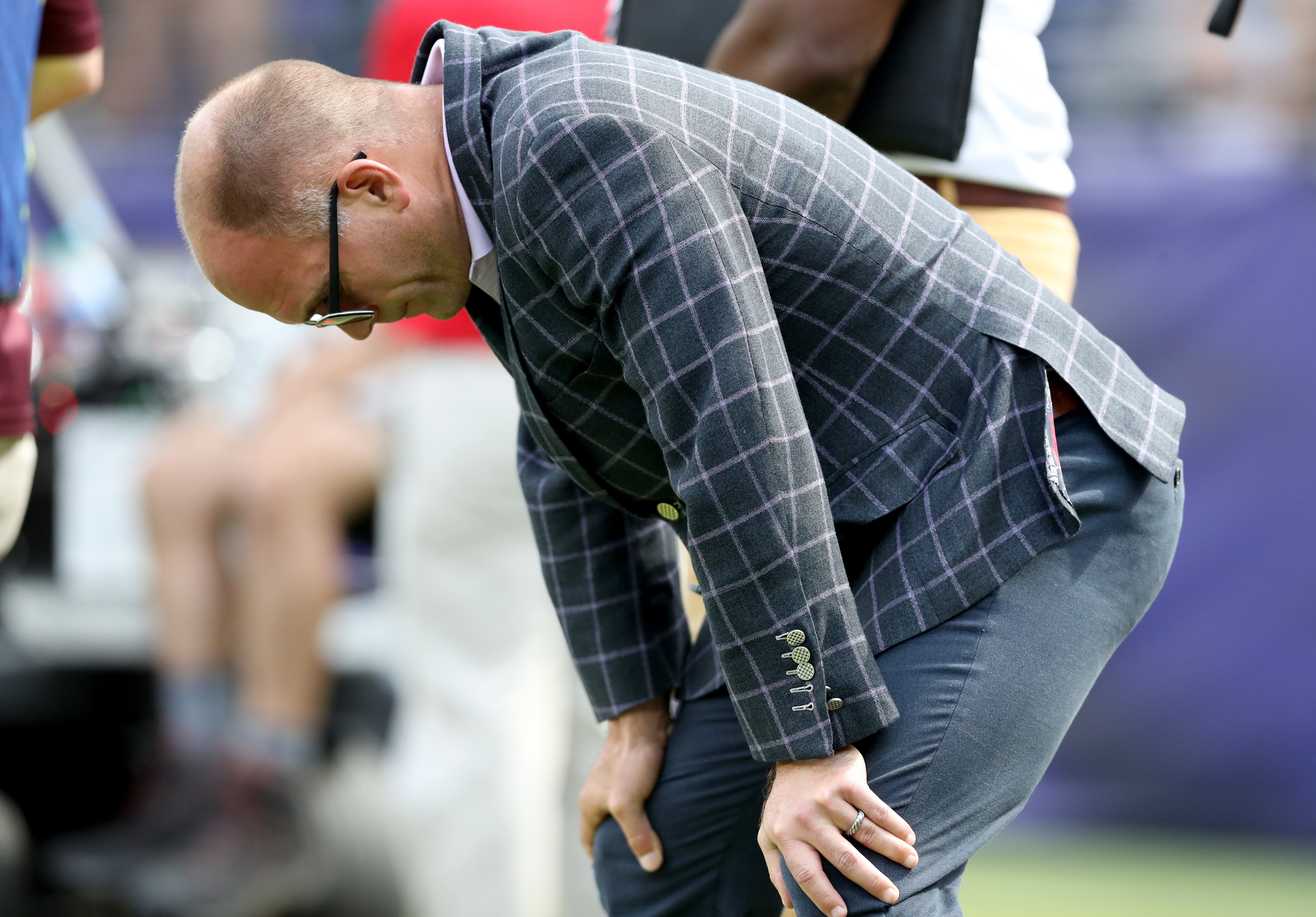 Baltimore Ravens general manager Eric DeCosta watches a review during the second quarter of the game against the Cleveland Browns at M&T Bank Stadium on September 29, 2019 in Baltimore, Maryland.
