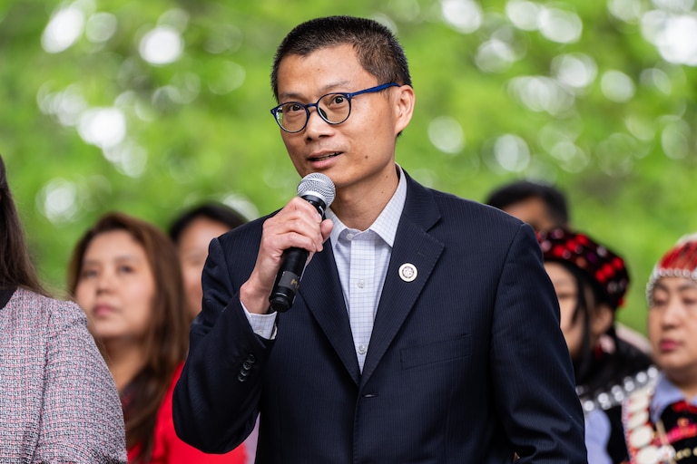 Delegate Chao Wu speaks during the Howard County AAPI Festival at Merriweather Park at Symphony Woods on May 11, 2024.