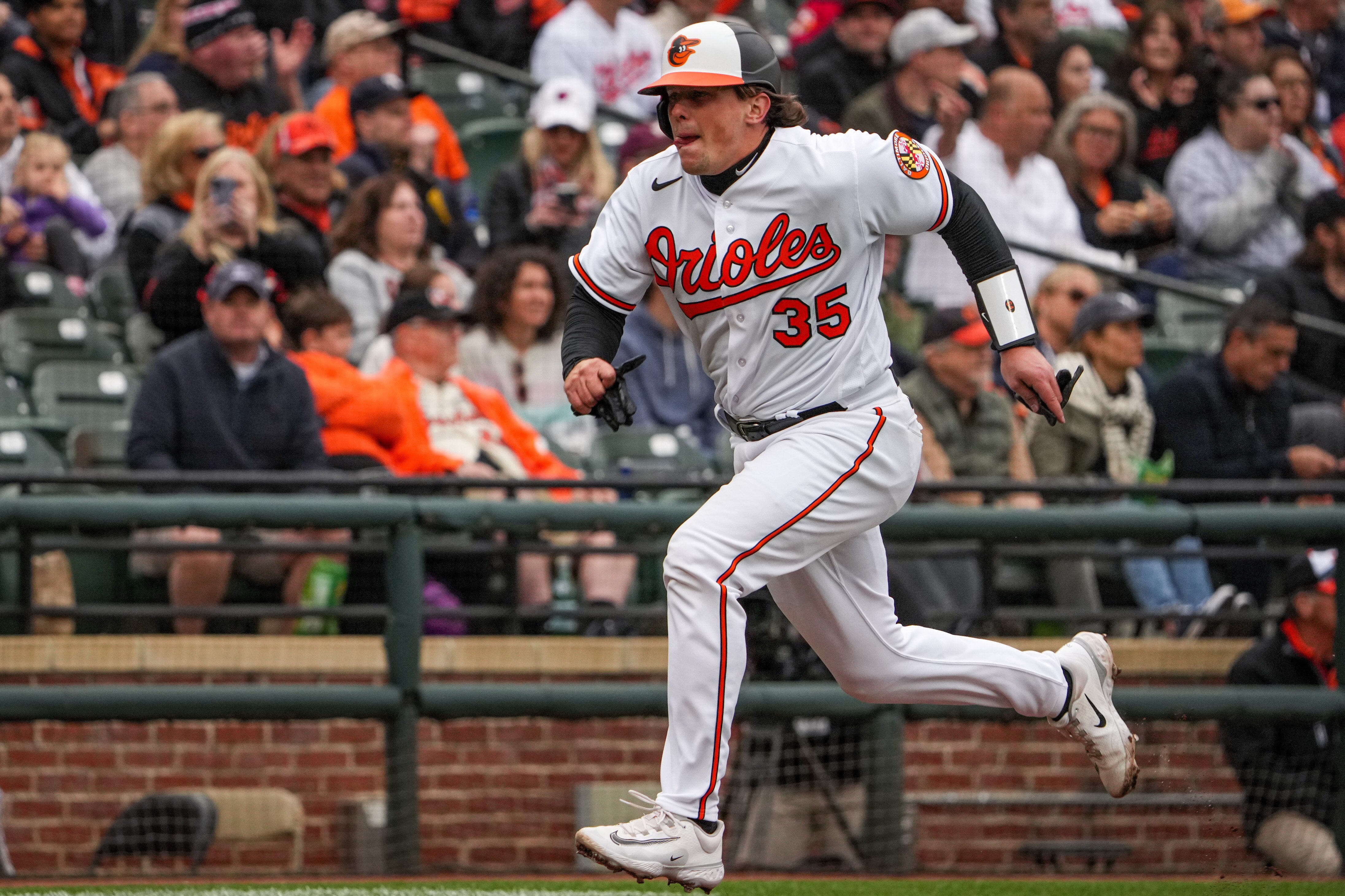 Baltimore Orioles catcher Adley Rutschman (35) runs home in the second inning of a baseball game against the New York Yankees on Friday, April 7. The Orioles hosted the Yankees for their Home Opener at Camden Yards.
