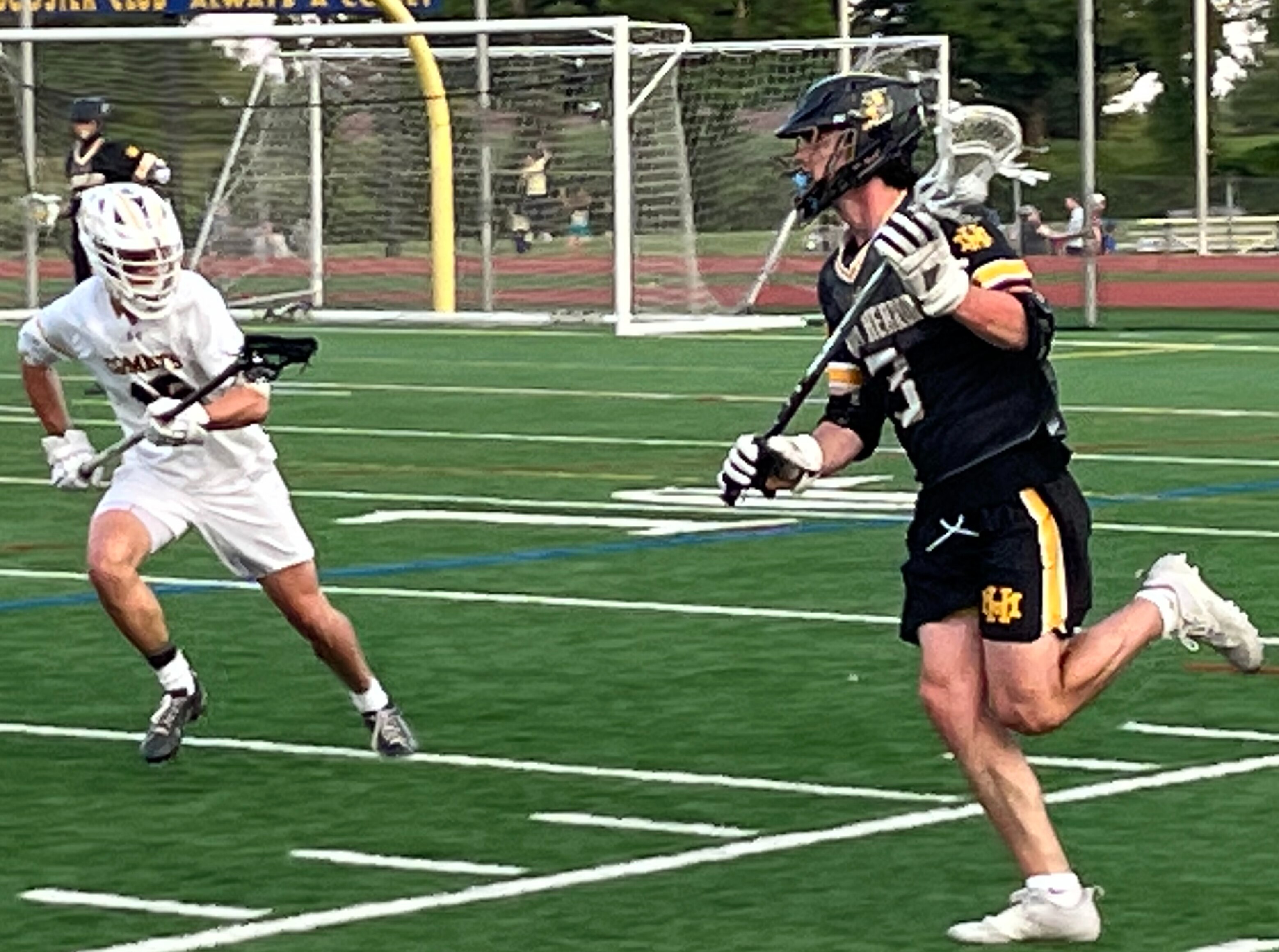 Mount Hebron's Keegan Ryan (right) works against Catonsville's defender during Wednesday's Class 3A state boys lacrosse quarterfinal game. Ryan scored six goals as the Vikings led wire-to-wire in a 10-5 victory.