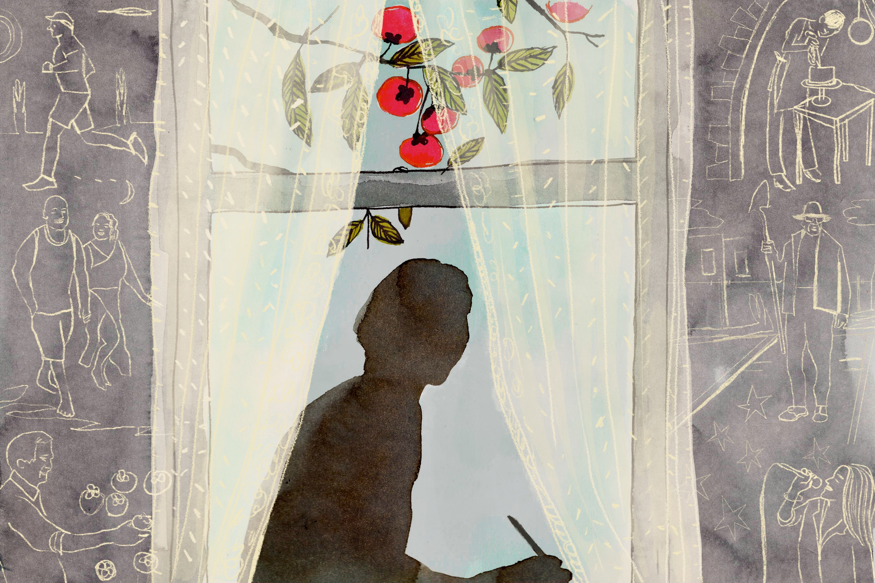 A writer sits at a window, with a pen in her hand. The wallpaper shows the stories she has written.