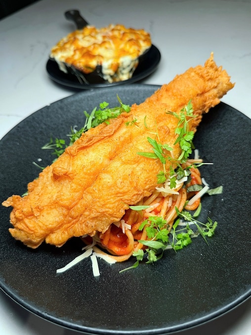 Catfish & Spaghetti at BLK Swan.