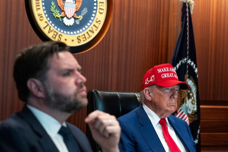 In this image provided by the White House, President Donald Trump, right, and Vice President JD Vance sit in the Situation Room, Saturday, June 21, 2025, at the White House in Washington.