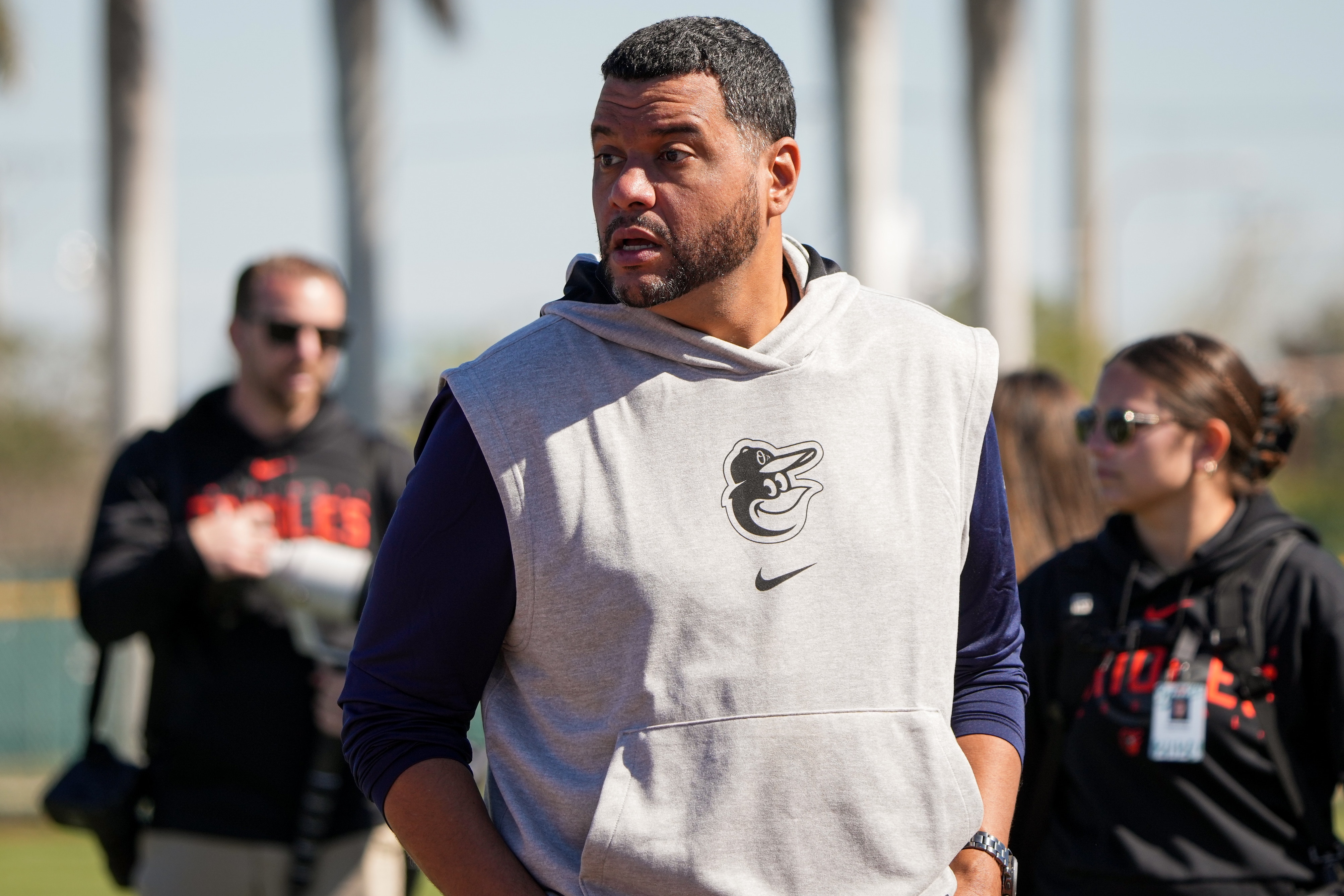 Koby Perez, the Orioles’ vice president of international scouting and operations, observes spring training practice in 2024.