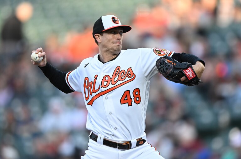 Baltimore Orioles pitcher Kyle Gibson throws against the Oakland Athletics in the first inning of a baseball game on Monday, April 10, 2023, in Baltimore.