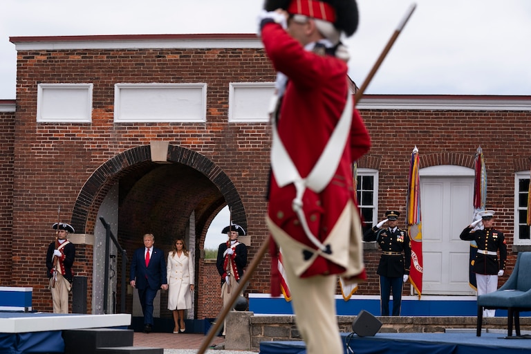 President Donald Trump and first lady Melania Trump arrive for a Memorial Day ceremony at Fort McHenry National Monument and Historic Shrine, Monday, May 25, 2020, in Baltimore. (AP Photo/Evan Vucci)