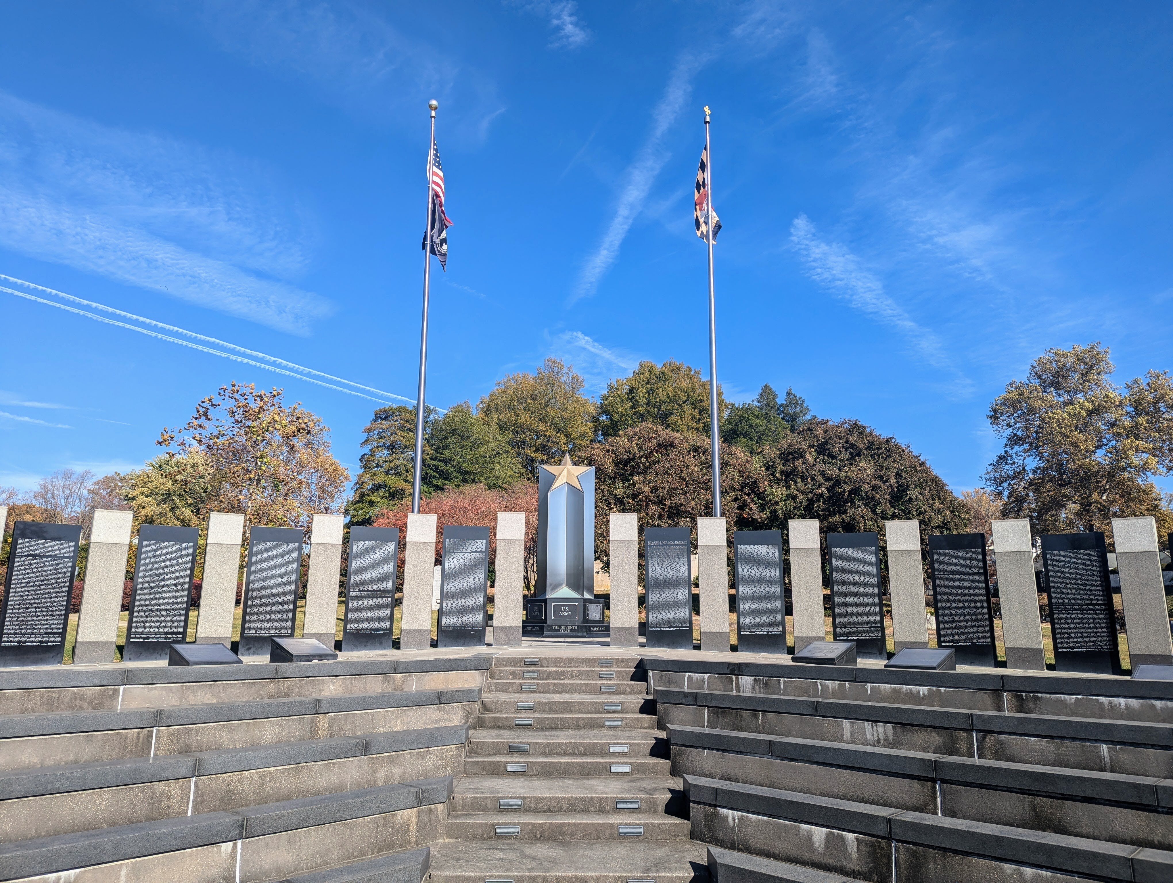 The Maryland World War II Memorial was built on a rise overlooking Annapolis, located just across the Severn River from the Naval Academy. It contains the names of all Marylanders killed in the war.