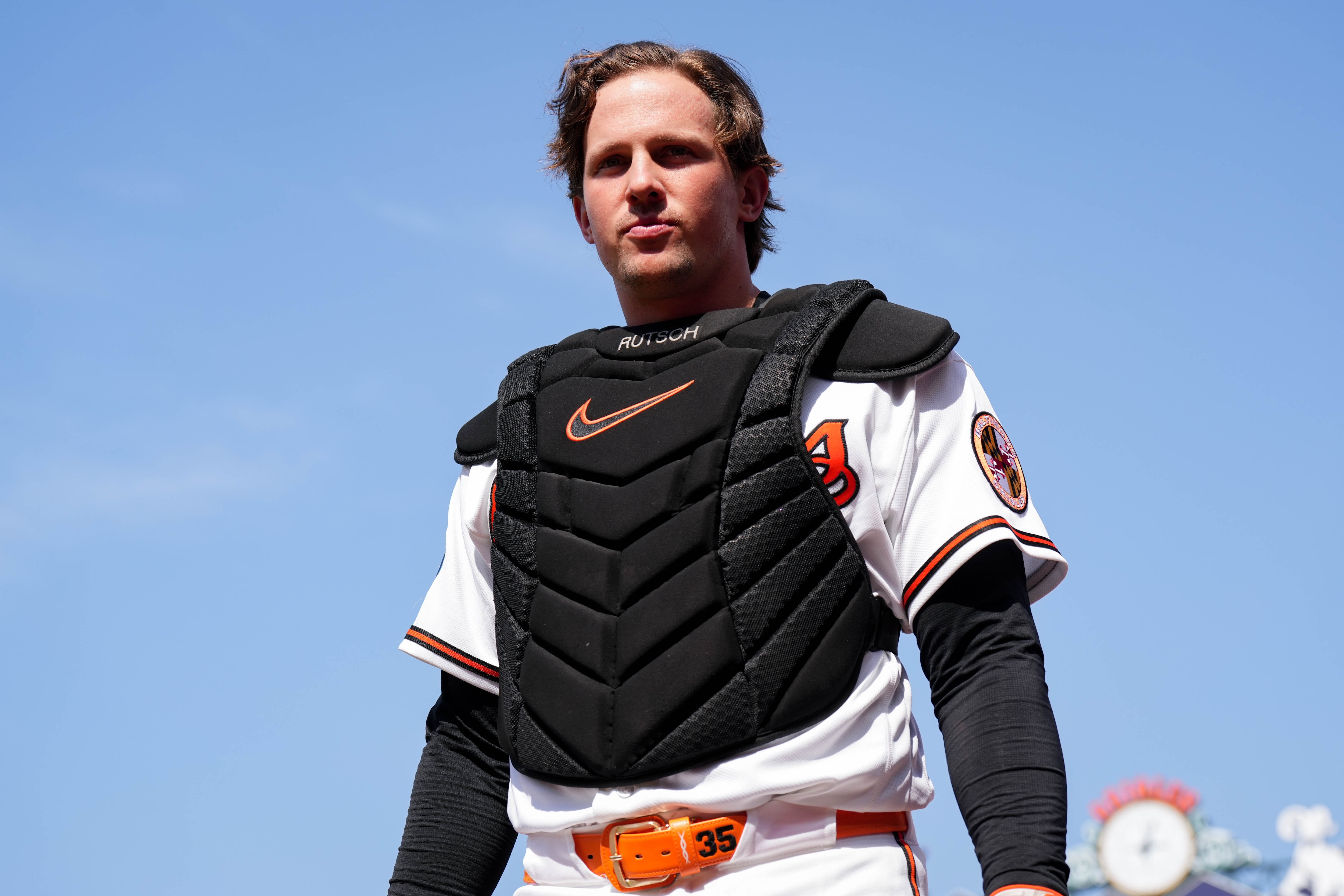 Orioles catcher Adley Rutschman approaches the dugout ahead of the team’s opening day game against the Minnesota Twins.