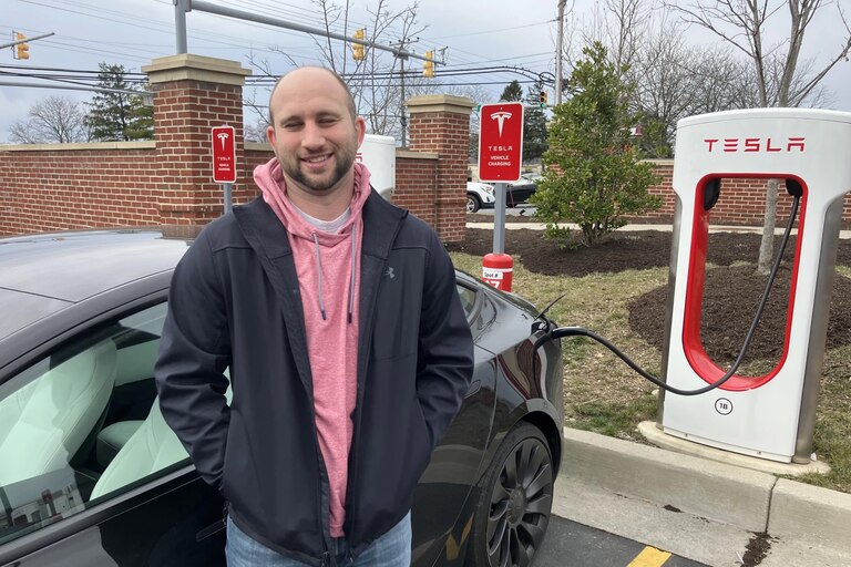 Westminster resident and electric vehicle owner Aaron Matty commutes to his job in Towson.