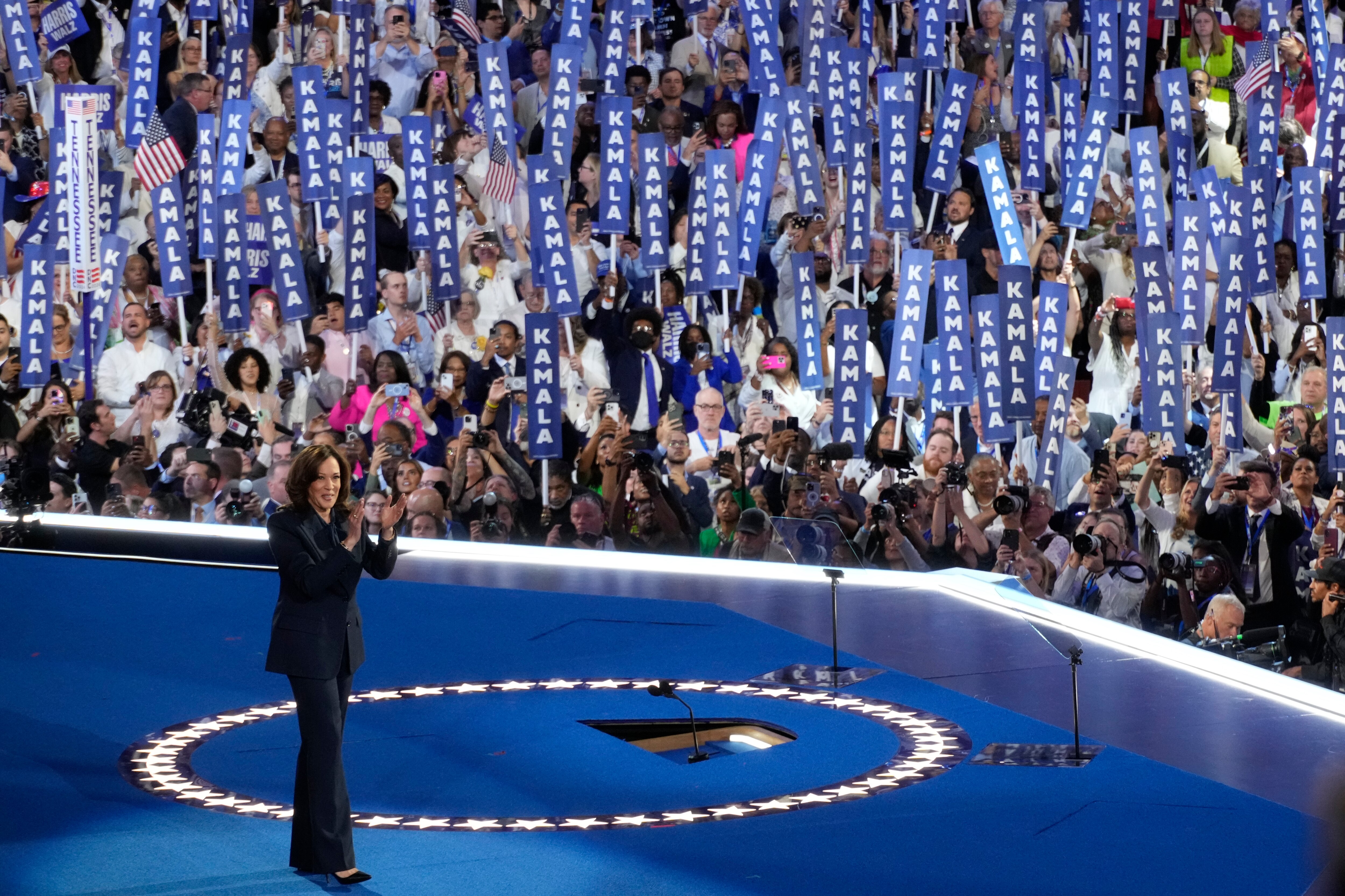 Presidential nominee Vice President Kamala Harris speaks during the Democratic National Convention on Thursday night in Chicago.