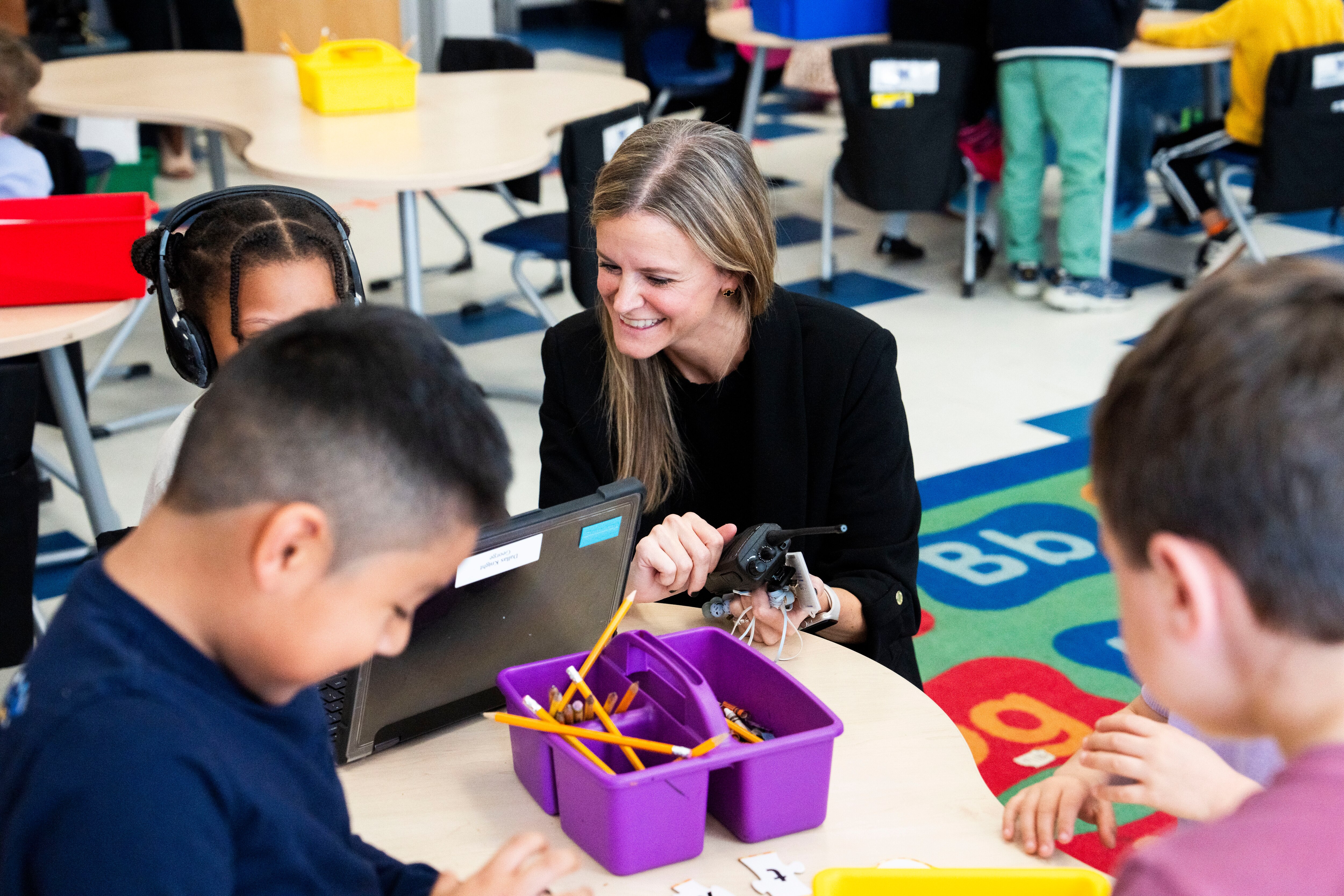 Assistant Principal Carrie Rill interacts with kindergarten students in the classroom at Westowne Elementary in Catonsville on Nov. 11, 2024.