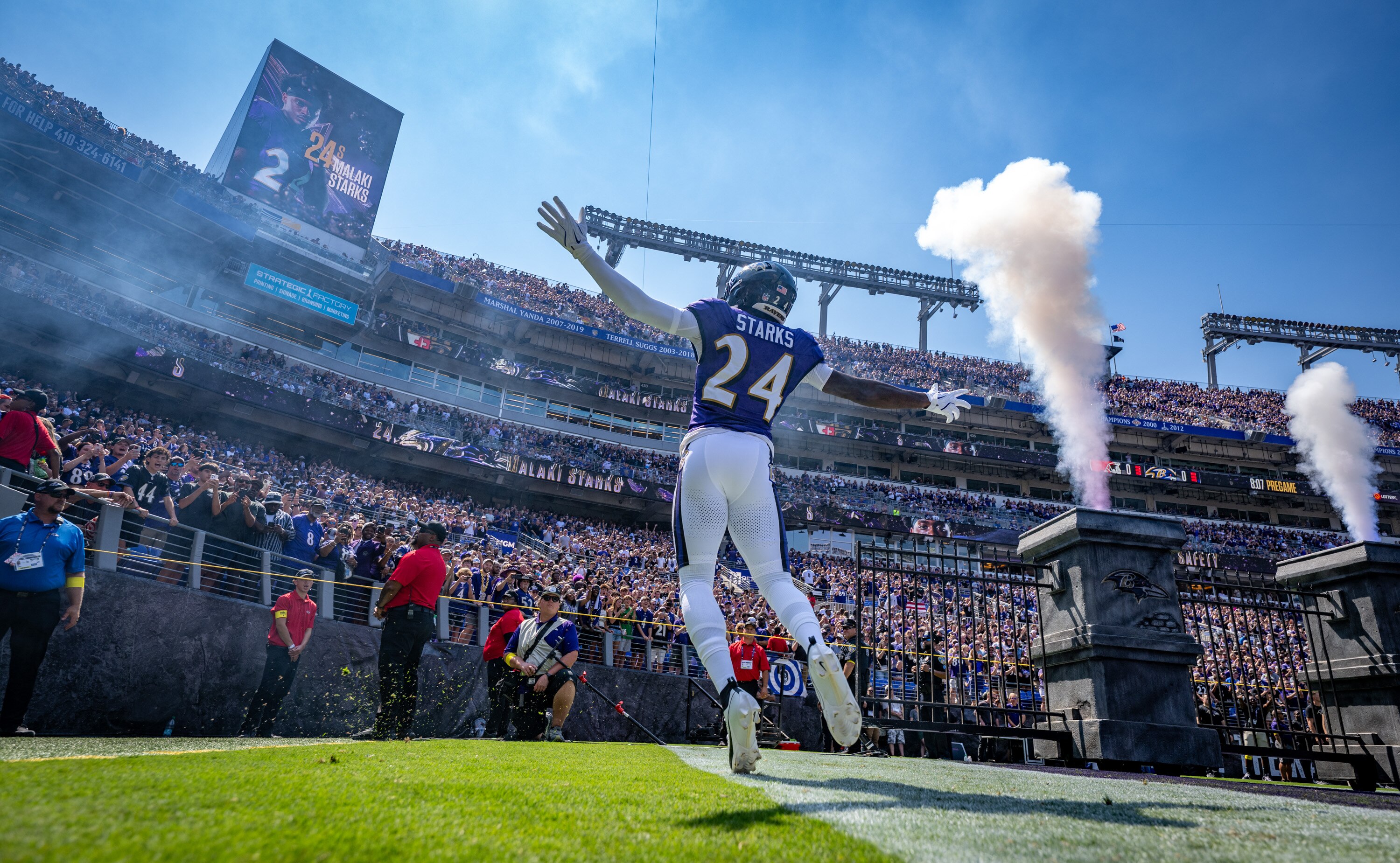 Ravens safety Malaki Starks is introduced before the Ravens’ Week 2 game against the Cleveland Browns.