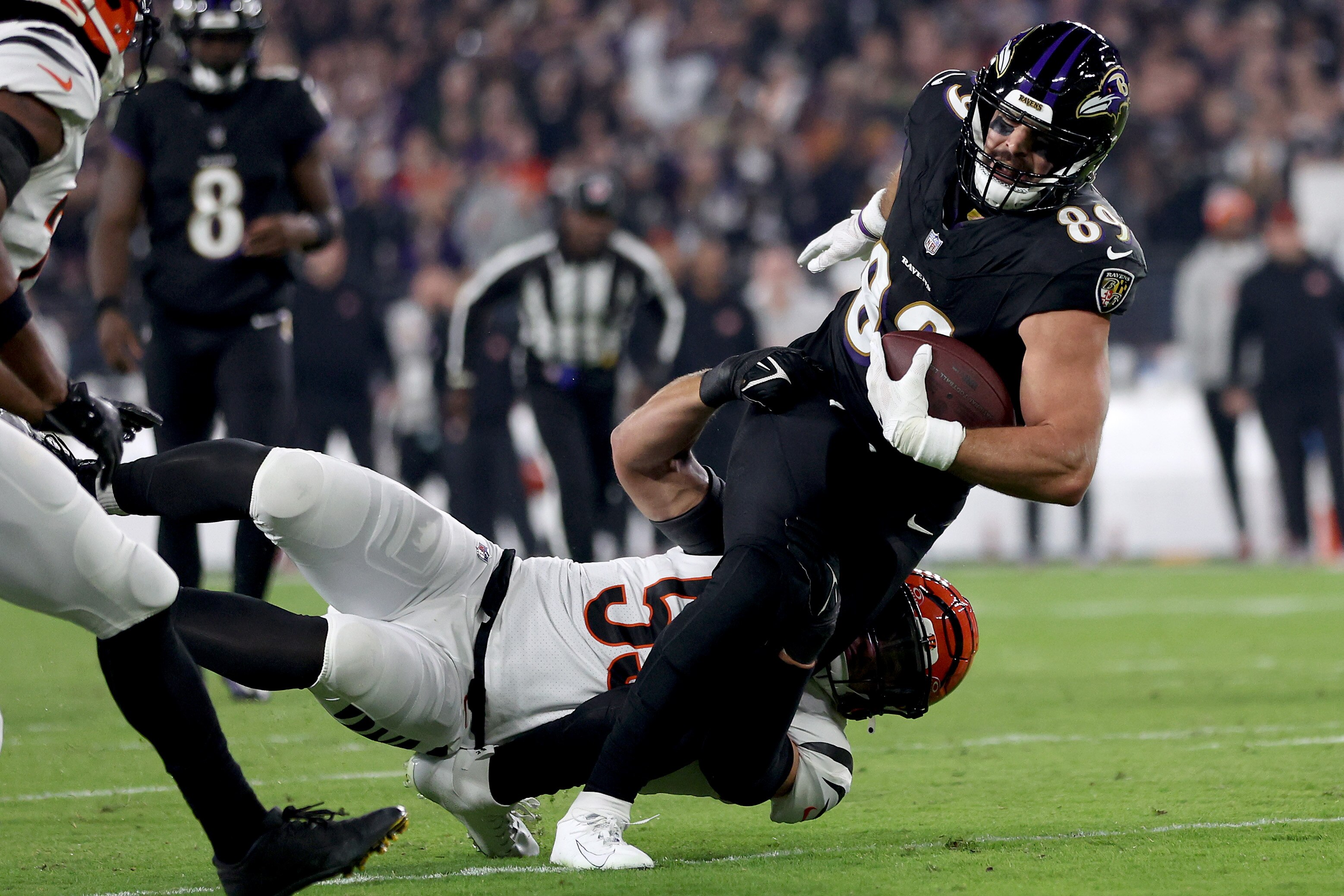 Ravens tight end Mark Andrews was injured on this tackle by Logan Wilson of the Bengals in a game last month.