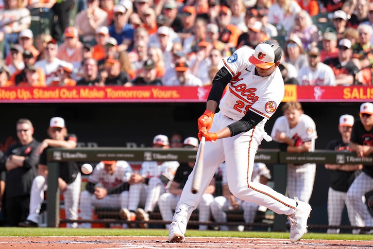 Baltimore Orioles designated hitter Samuel Basallo (29) connects with a pitch in the second inning of a baseball game against the Minnesota Twins on Opening Day at Oriole Park at Camden Yards in Baltimore, Md., on Thursday, March 26, 2026.