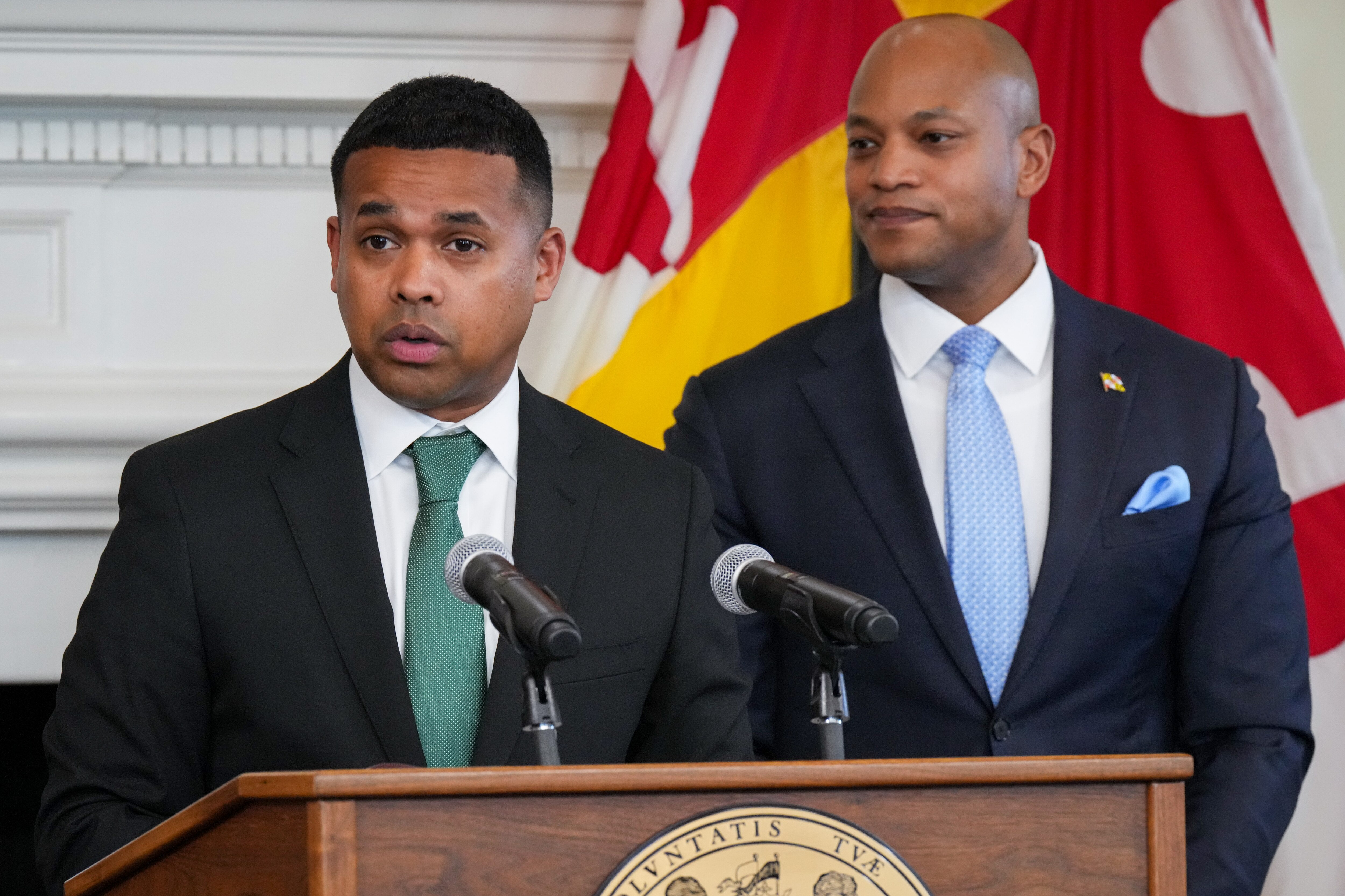 Paul Monteiro, left, outlines his priorities and goals after being announced as Gov. Wes Moore’s choice to serve as the first Secretary of the Department of Service and Civic Innovation at a press conference in the Maryland State House on Monday, April 3. Moore issued an executive order creating the cabinet-level department on his first full day in office in January.