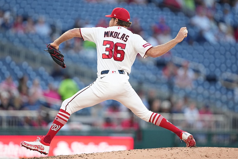 Washington Nationals right-hander Miles Mikolas pitches in third inning against the Miami Marlins.