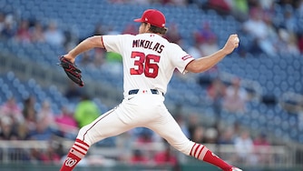 Washington Nationals right-hander Miles Mikolas pitches in third inning against the Miami Marlins.