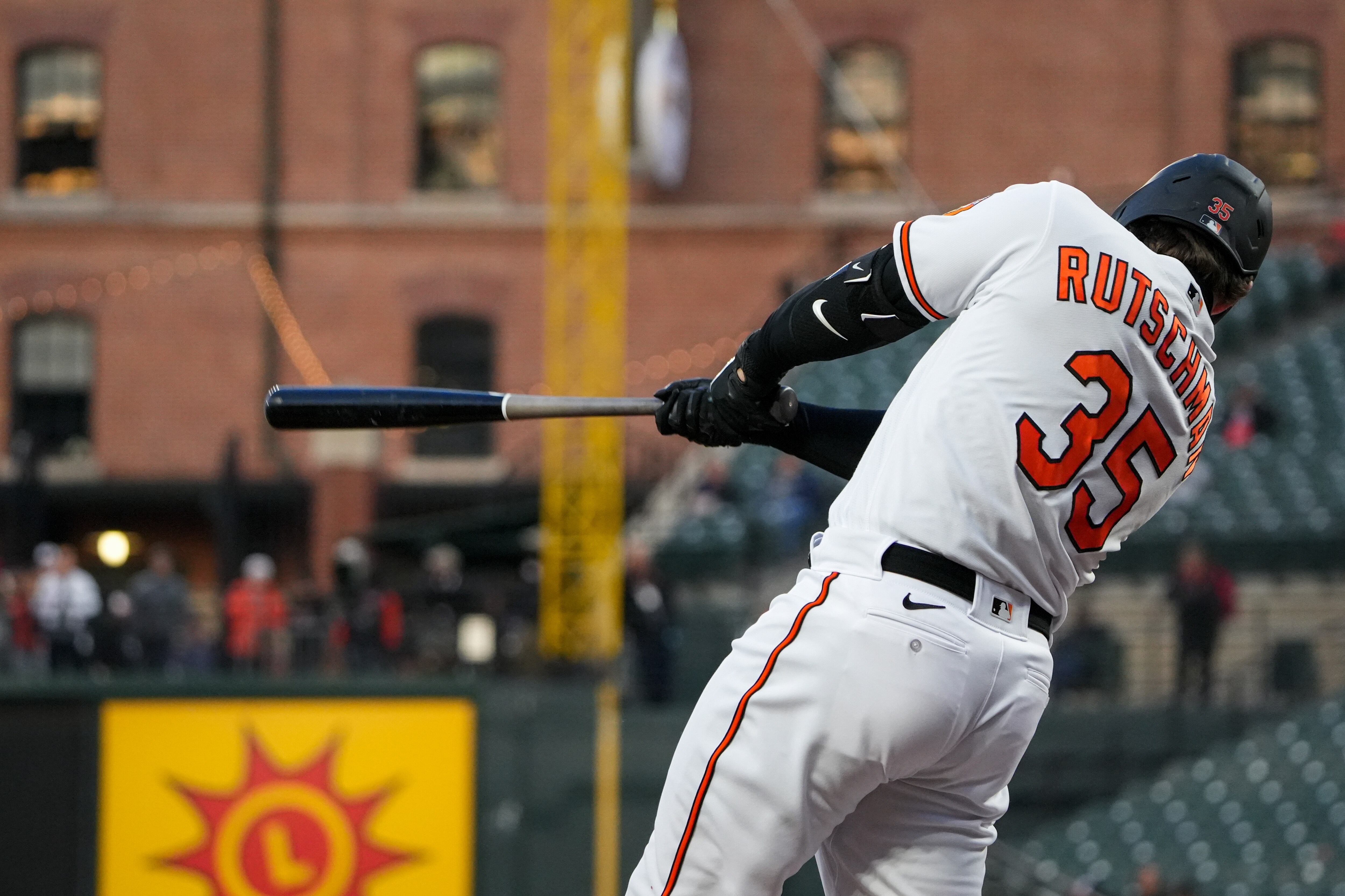 Baltimore Orioles catcher Adley Rutschman (35) swings for a pitch in a baseball game against the Boston Red Sox at Camden Yards on Monday, April 24. The Orioles beat the Red Sox, 5-4, in the first game of the series.