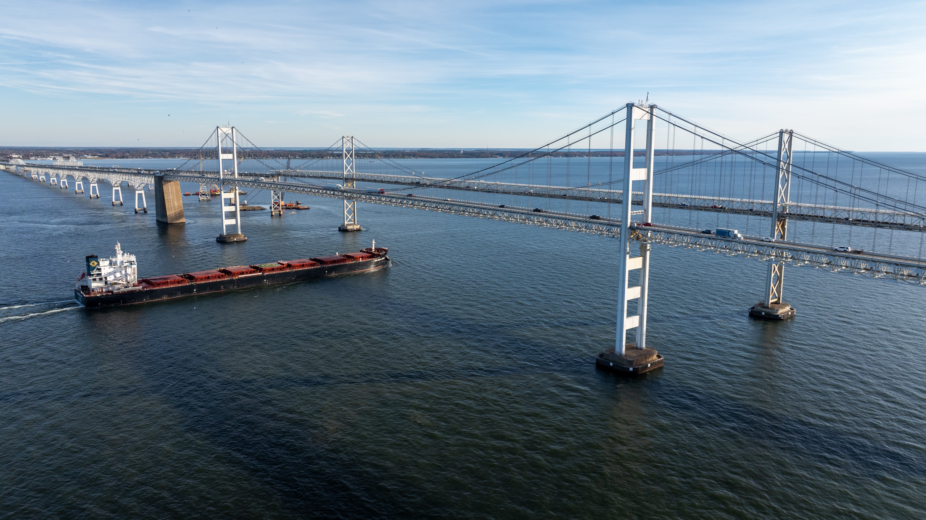 The bulk carrier Golden John passes under Chesapeake Bay Bridge after leaving the Port of Baltimore.