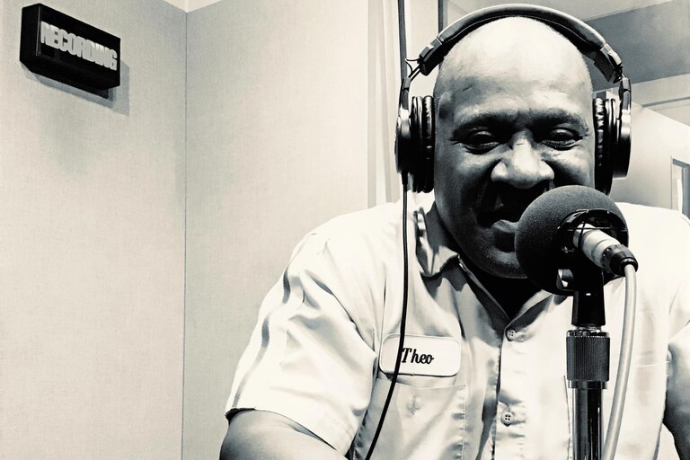Theo Hill, recording his first podcast at the WYPR studios in 2019.