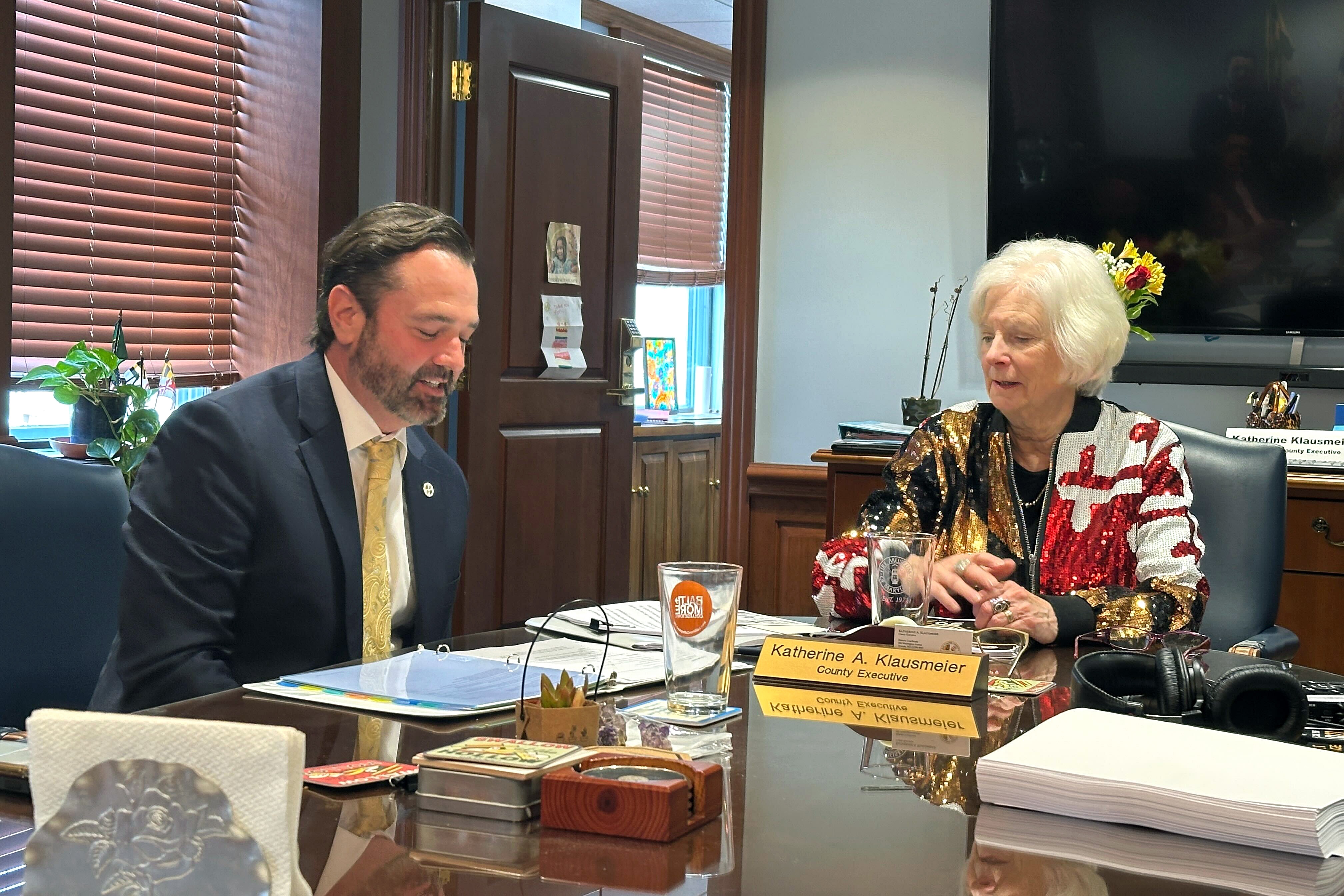 THURSDAY, APRIL 16, 2026 - Kevin Reed, director of Baltimore County’s budget and finance office, and County Executive Kathy Klausmeier, speak with reporters Thursday about the 2027 proposed budget.