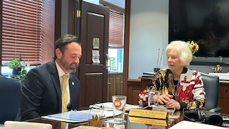THURSDAY, APRIL 16, 2026 - Kevin Reed, director of Baltimore County’s budget and finance office, and County Executive Kathy Klausmeier, speak with reporters Thursday about the 2027 proposed budget.