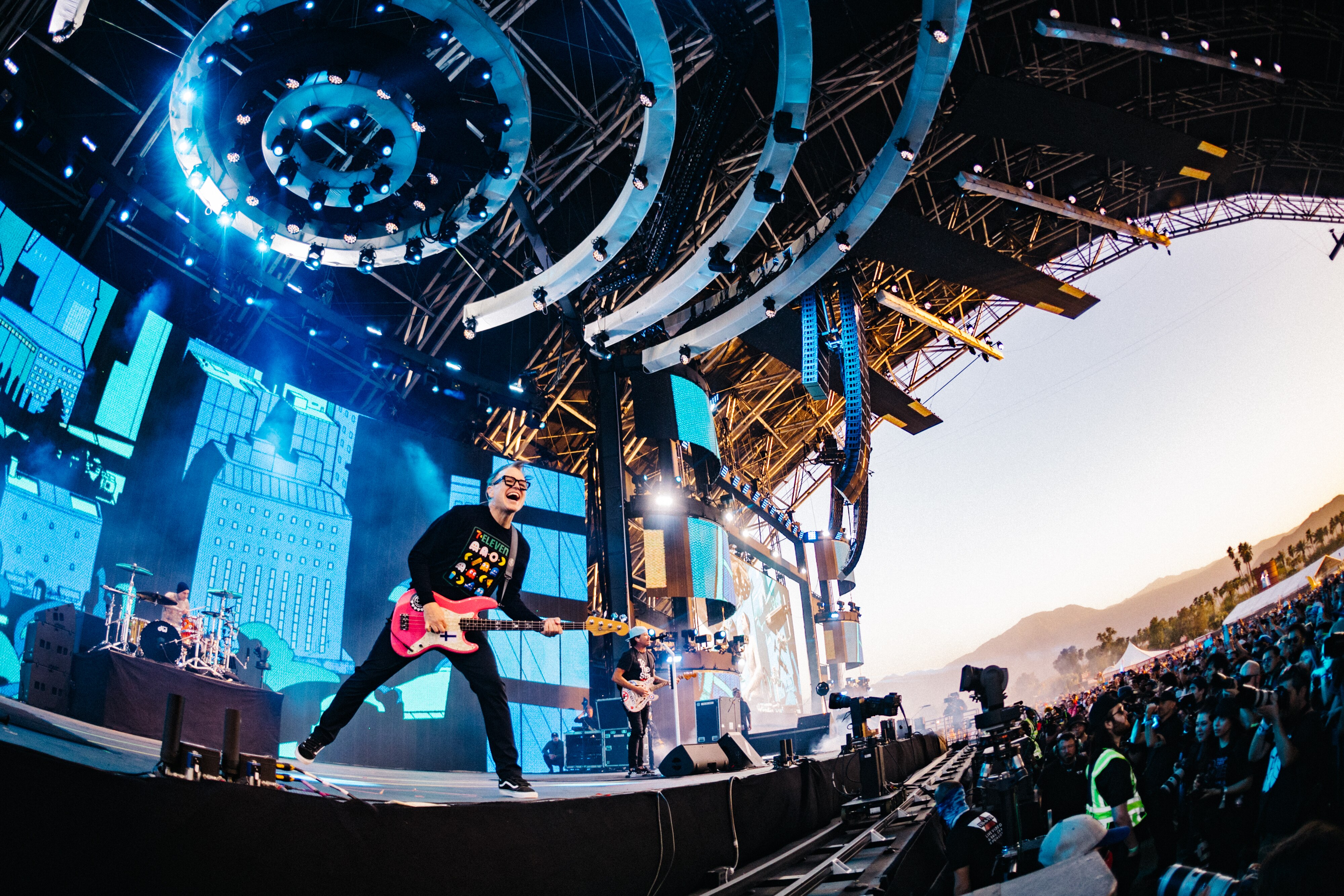 INDIO, CALIFORNIA - APRIL 14:  Travis Barker, Mark Hoppus, and Tom DeLonge of Blink-182 performs at the Sahara Tent during the 2023 Coachella Valley Music and Arts Festival  on April 14, 2023 in Indio, California.
