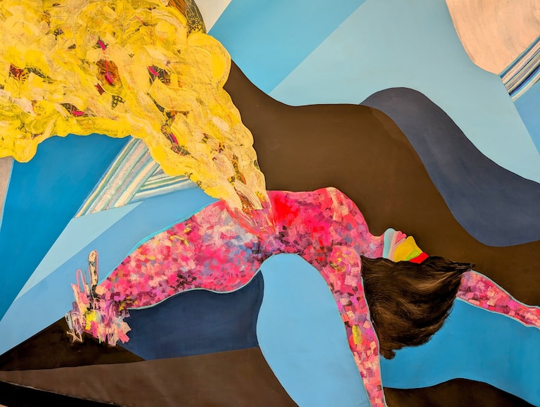 Artist Lusmerlin Lantigua used bright colors and her own body image to capture the moment of tearing apart in her work, "The Rip."