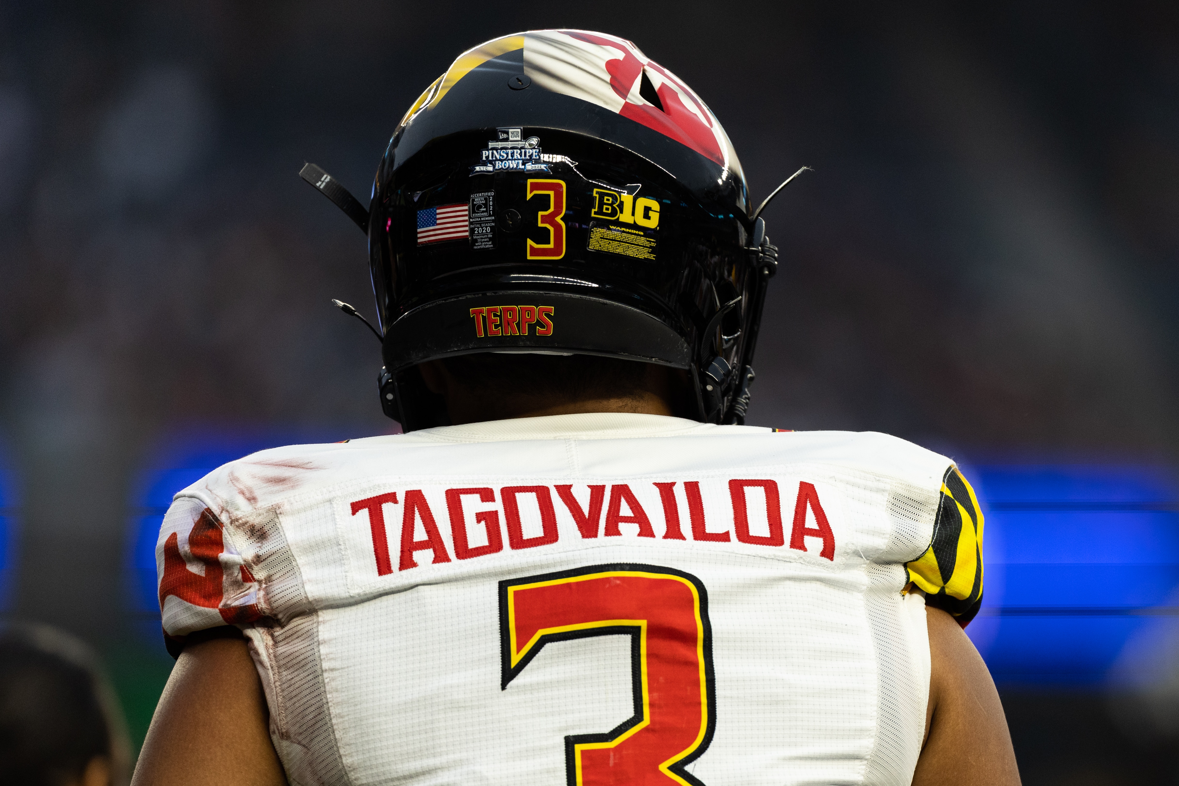 NEW YORK, NY - DECEMBER 29: Taulia Tagovailoa #3 of the Maryland Terrapins during the second quarter of the New Era Pinstripe Bowl against the Virginia Tech Hokies at Yankee Stadium on December 29, 2021 in New York City.
