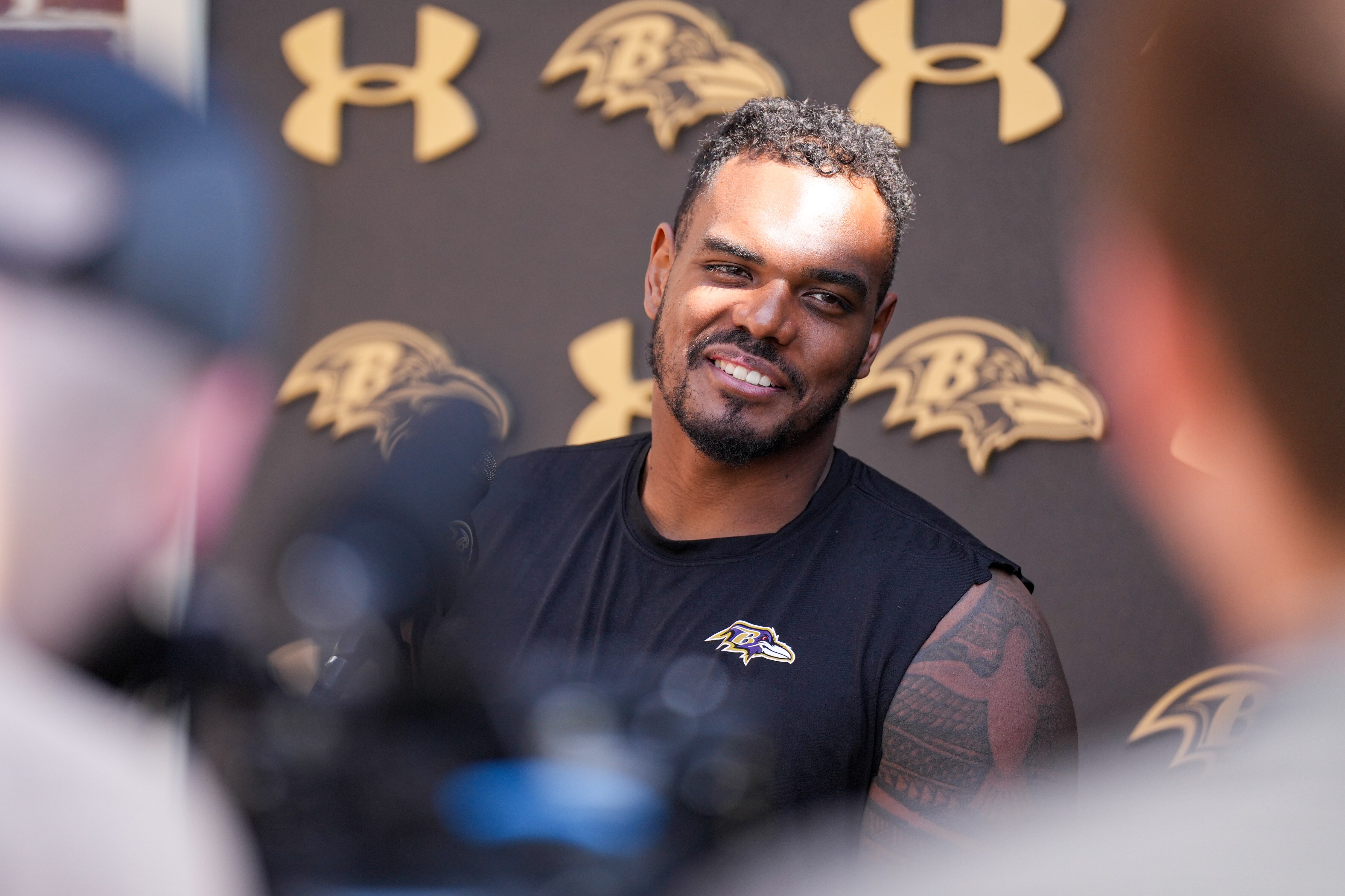 Tackle Ronnie Stanley takes questions from reporters following the Baltimore Ravens’ first mandatory minicamp of the year at the Under Armour Performance Center in Owings Mills on June 11, 2024.
