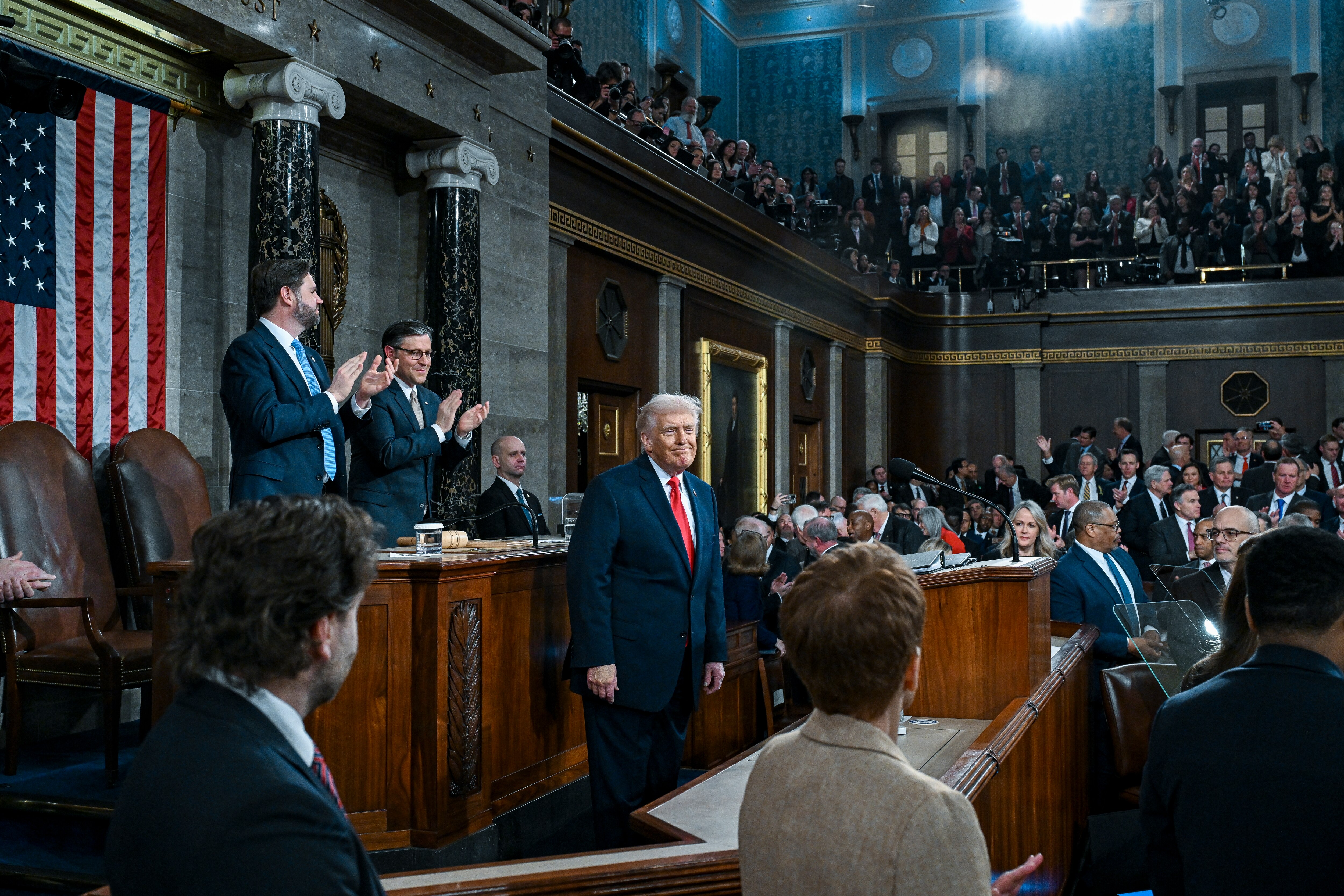 U.S. President Donald Trump delivers the State of the Union address during a joint session of Congress in the House Chamber at the Capitol on February 24, 2026 in Washington, DC. Trump delivered his address days after the Supreme Court struck down the administration's tariff strategy, and amid a U.S. military buildup in the Persian Gulf threatening Iran.