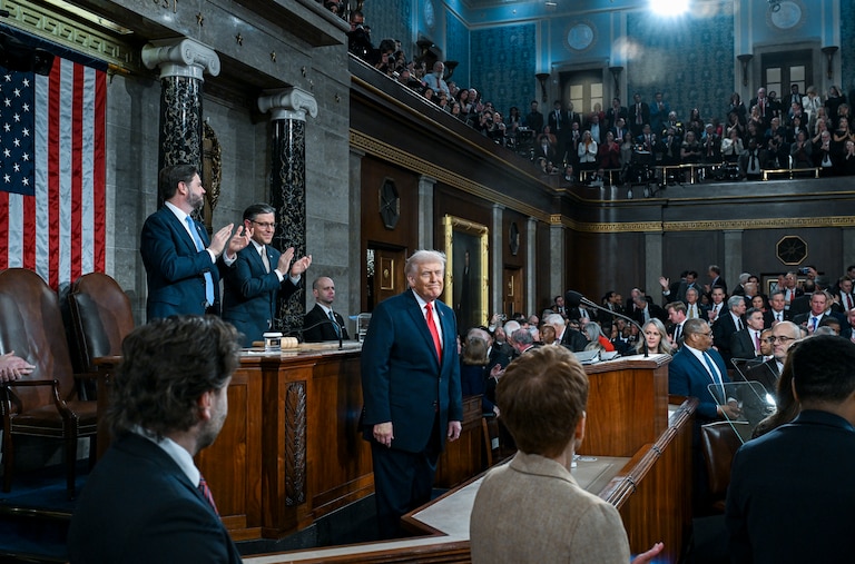 U.S. President Donald Trump delivers the State of the Union address during a joint session of Congress in the House Chamber at the Capitol on February 24, 2026 in Washington, DC. Trump delivered his address days after the Supreme Court struck down the administration's tariff strategy, and amid a U.S. military buildup in the Persian Gulf threatening Iran.