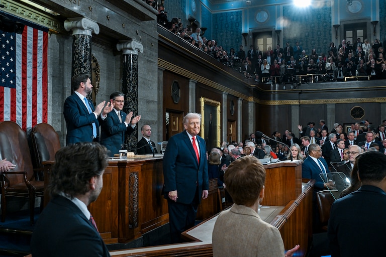 U.S. President Donald Trump delivers the State of the Union address during a joint session of Congress in the House Chamber at the Capitol on February 24, 2026 in Washington, DC. Trump delivered his address days after the Supreme Court struck down the administration's tariff strategy, and amid a U.S. military buildup in the Persian Gulf threatening Iran.