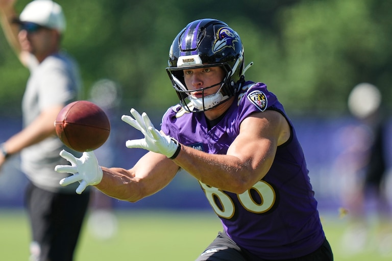 Ravens tight end Matt Hibner catches a ball during practice on July 30.