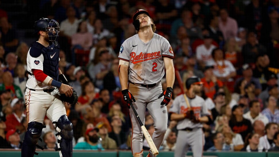 BOSTON, MA - SEPTEMBER 9: Gunnar Henderson #2 of the Baltimore Orioles reacts to flying out during the sixth inning against the Boston Red Sox at Fenway Park on September 9, 2024 in Boston, Massachusetts. (Photo By Winslow Townson/Getty Images)