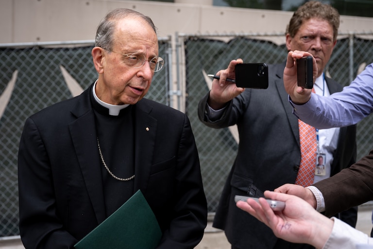 Archbishop Lori of the Archdiocese of Baltimore answers questions following a bankruptcy hearing held at the Edward A. Garmatz United States District Courthouse on 5/20/2024 in Baltimore, MD.