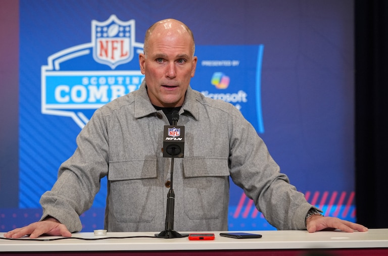 Baltimore Ravens general manager Eric DeCosta speaks during a press conference at the NFL football scouting combine in Indianapolis, Tuesday, Feb. 24, 2026.