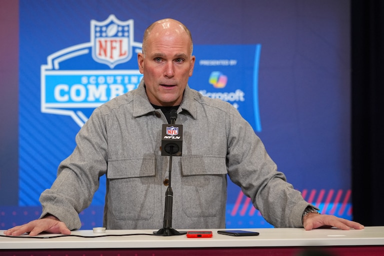 Baltimore Ravens general manager Eric DeCosta speaks during a press conference at the NFL football scouting combine in Indianapolis, Tuesday, Feb. 24, 2026.