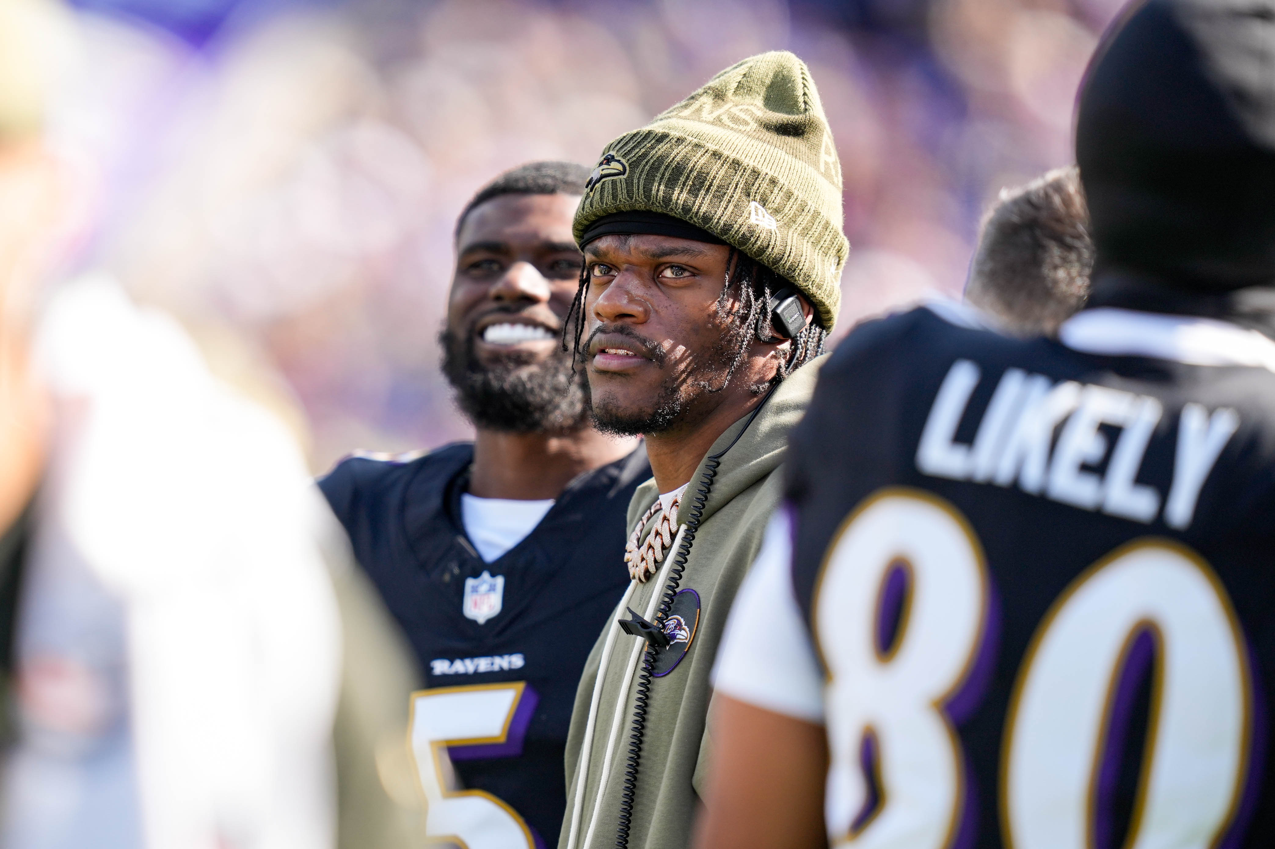 Baltimore Ravens quarterback Lamar Jackson walks the sidelines in the second quarter of a game against the Chicago Bears on Sunday.