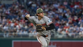 Baltimore Orioles third baseman Coby Mayo throws to first base for an out on a ball hit by Washington Nationals' Jacob Young during the fifth inning of a baseball game, Friday, May 15, 2026, in Washington.
