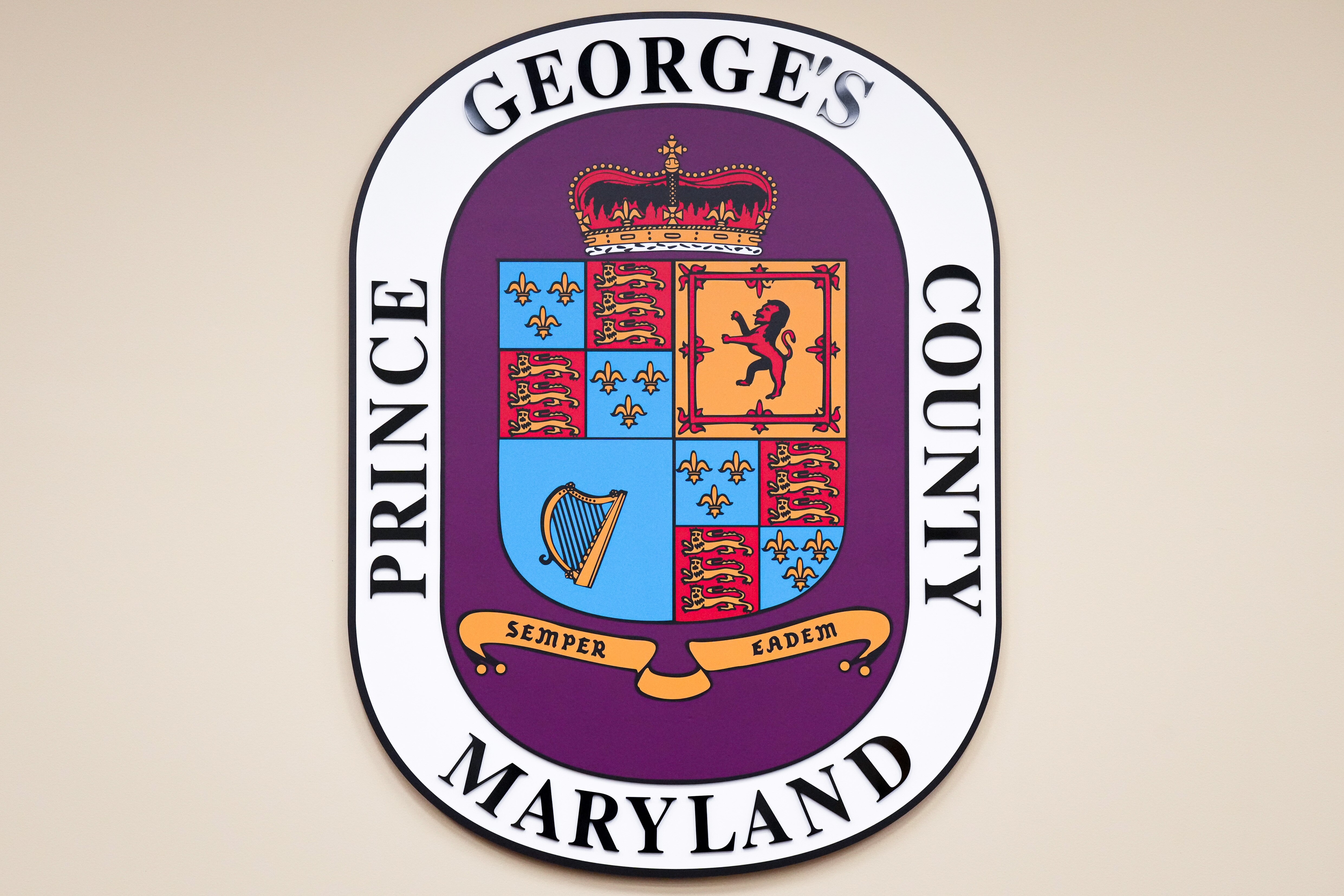 The Prince George’s County Maryland logo seen in the Lowe House Office Building in Annapolis on March 15, 2024.