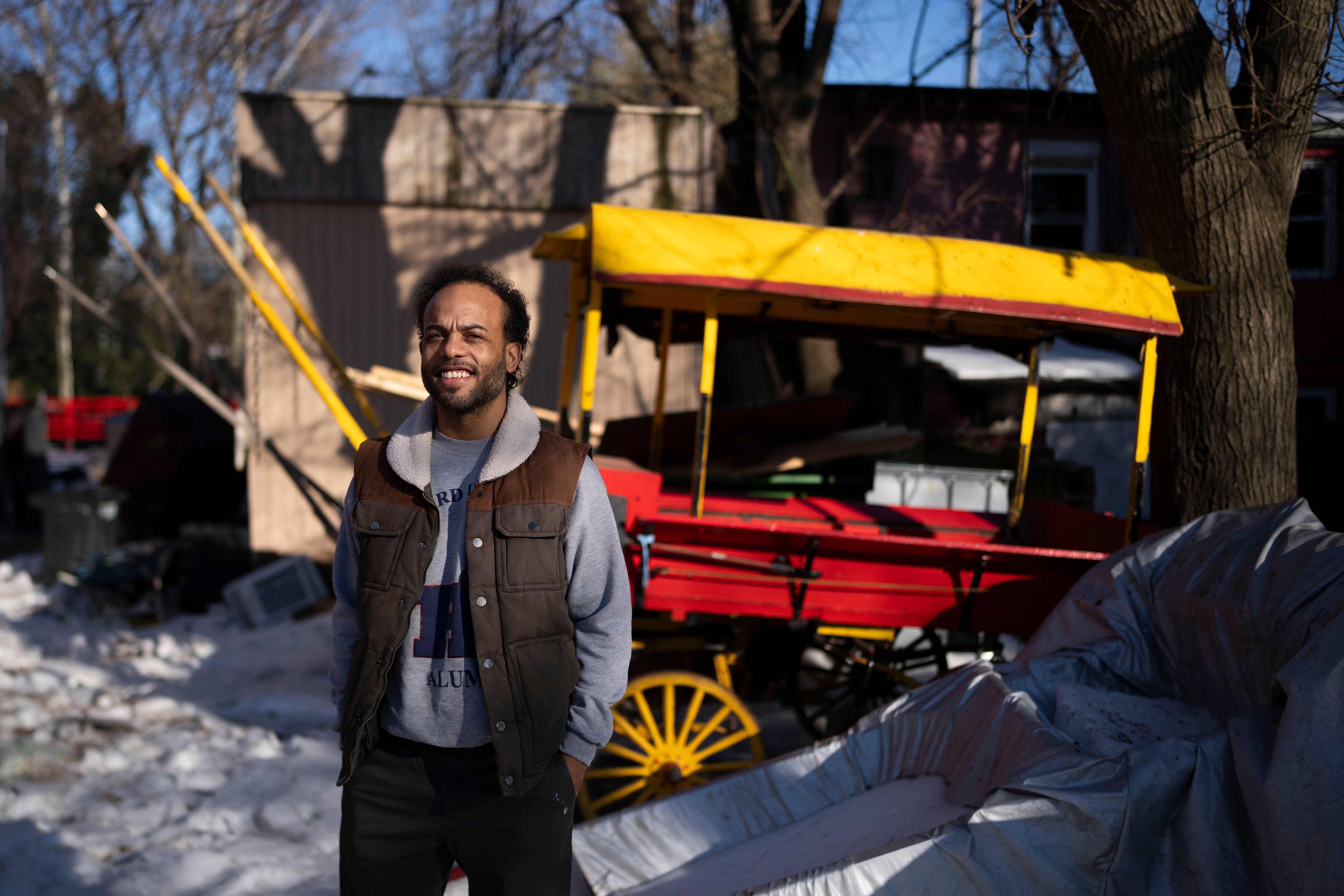 Anthony Duncan, the creator of the Row and Wagon app, poses for a portrait outside of the Carlton Street Stables in Baltimore.