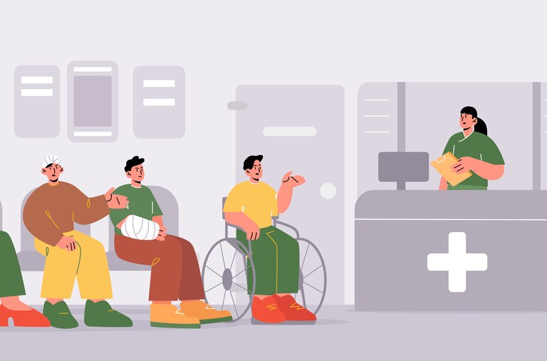 Patients waiting doctors appointment at clinic hallway. People wait in queue at hospital hall with reception desk. Sick persons at medical center interior, healthcare Line art flat vector illustration