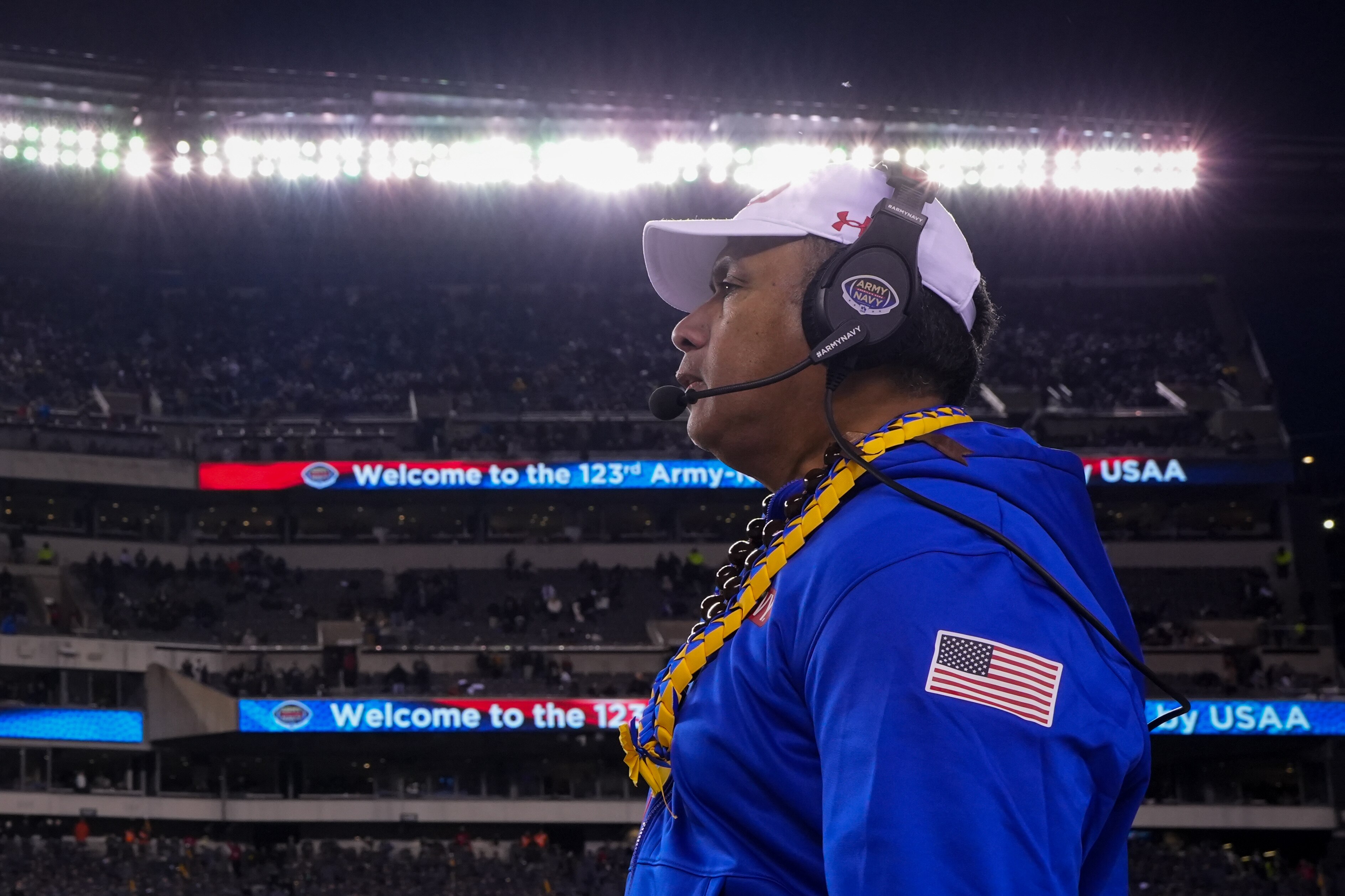 PHILADELPHIA—Navy head coach Ken Niumatalolo calls a play from the sidelines during the 3rd quarter of the Army-Navy football game at Lincoln Financial Field on 12/10/22. In their 123rd matchup, Army defeated Navy, 20-17, in overtime.