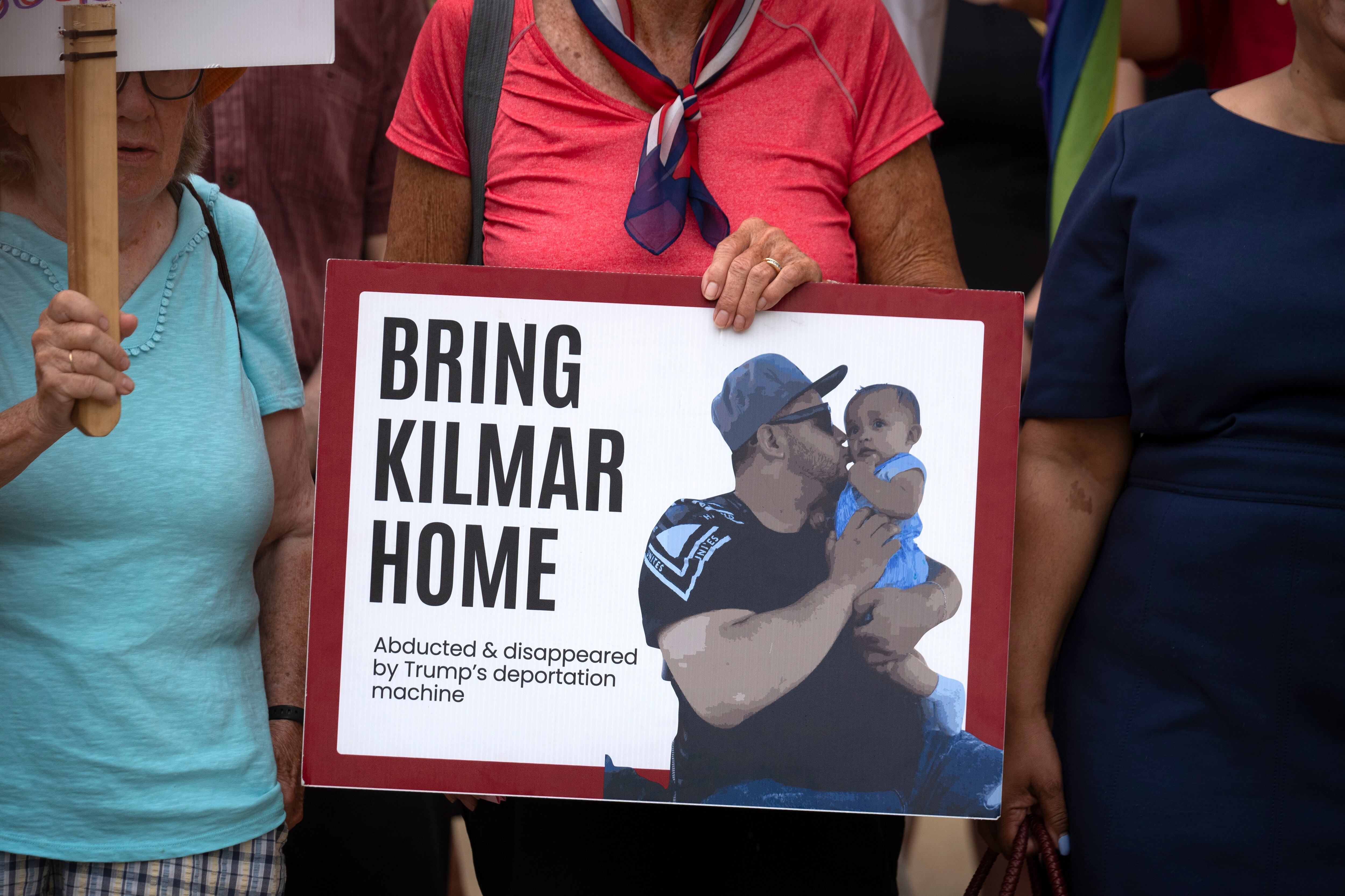 Supporters of Kilmar Abrego Garcia rally outside of the U.S. District Court in Greenbelt, Md., where a hearing was scheduled to be held on returning him to Maryland, Monday, July 7, 2025. (AP Photo/Mark Schiefelbein)