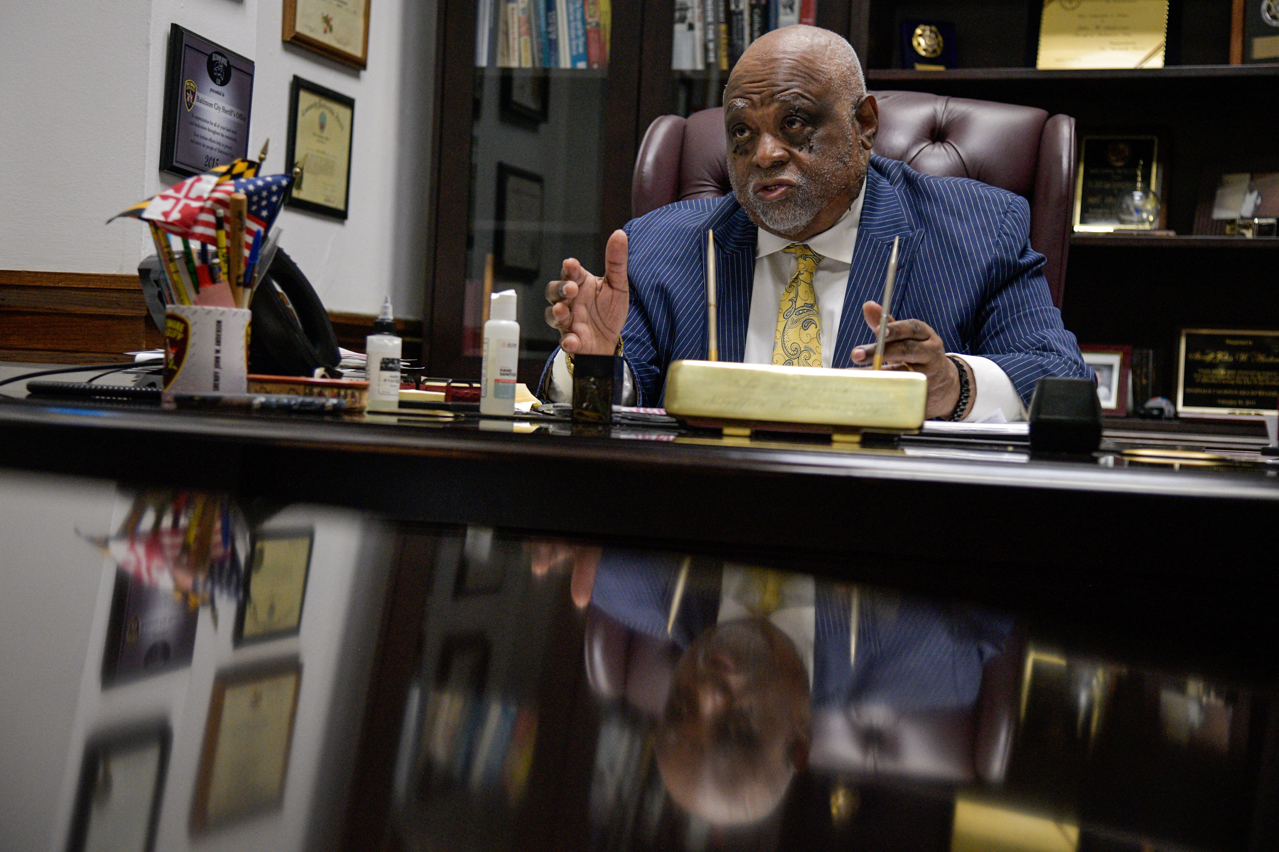Baltimore City Sheriff John W. Anderson is photographed while being interviewed by a Baltimore Banner reporter on Thursday, May 26.